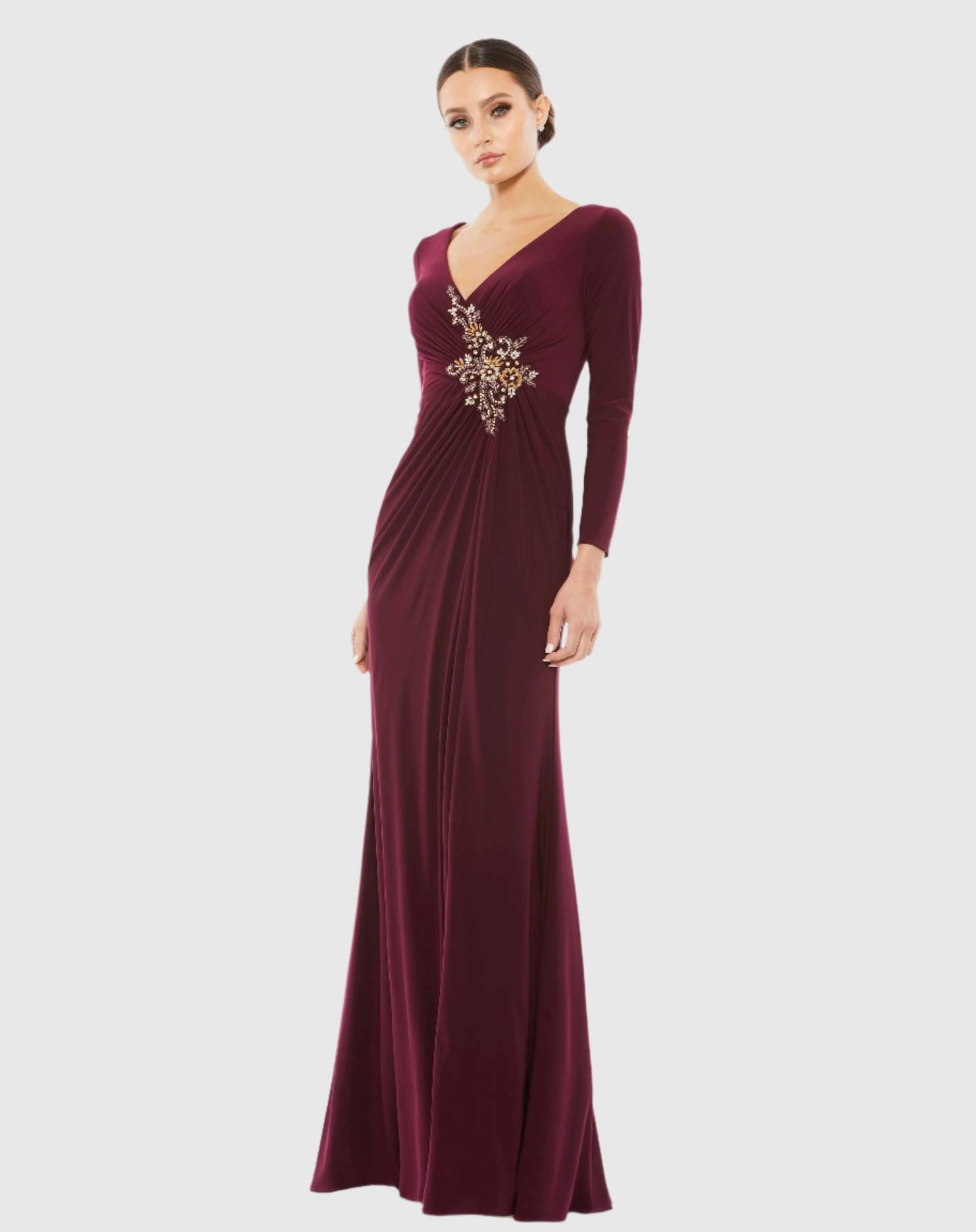 Petite Faux Wrap Long Sleeve Gown w/ Applique Detail