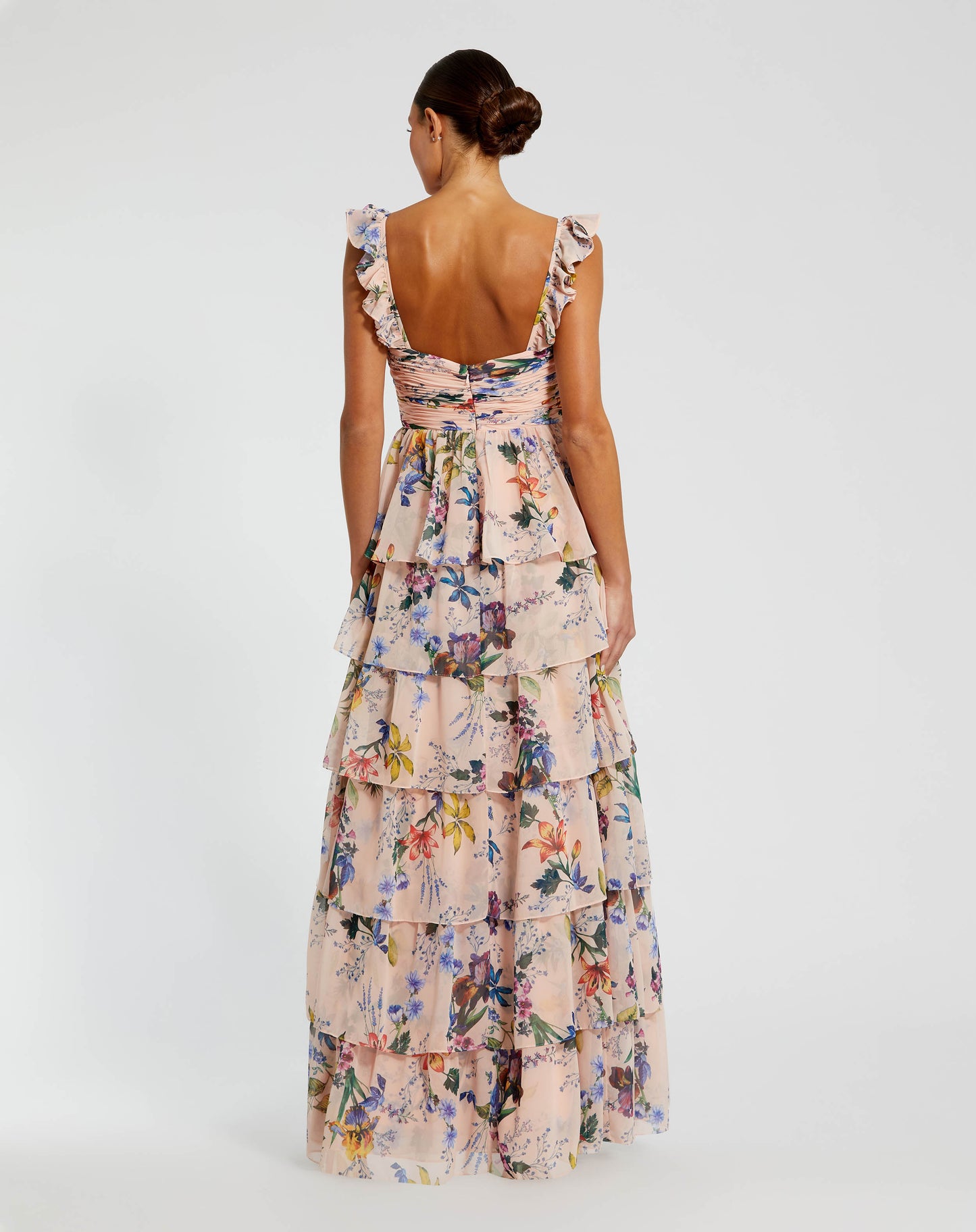 Ruffle Sleeveless Chiffon Tiered Floral Print Gown