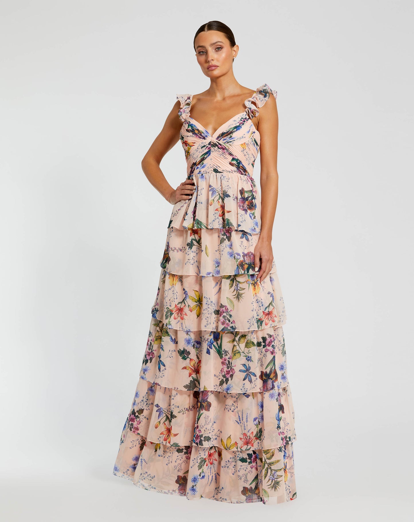 Ruffle Sleeveless Chiffon Tiered Floral Print Gown