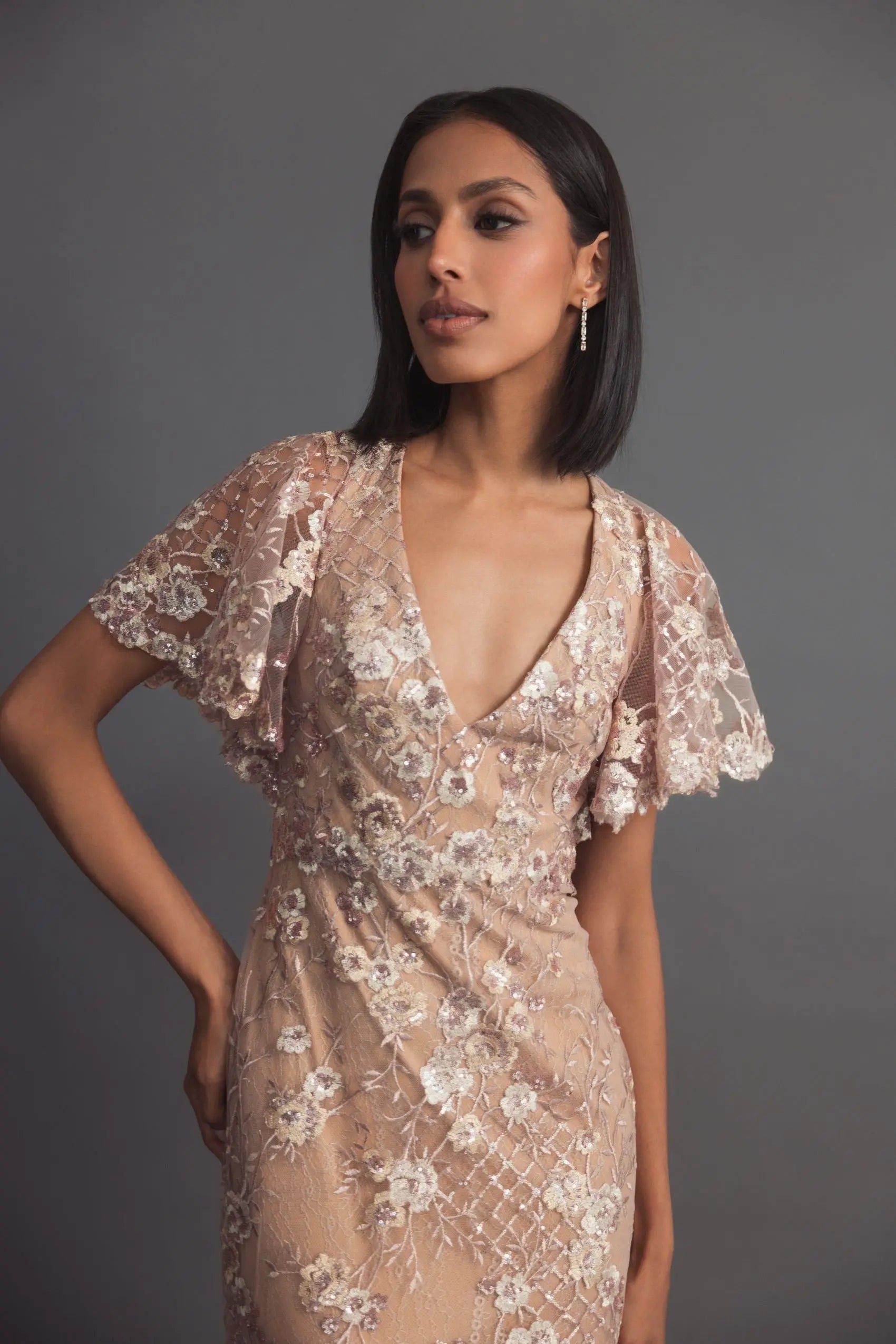 Pink Embellished Lace V Neck Butterfly Sleeve Gown | Mac Duggal Pink Embellished Lace V Neck Butterfly Sleeve Gown | Mac Duggal