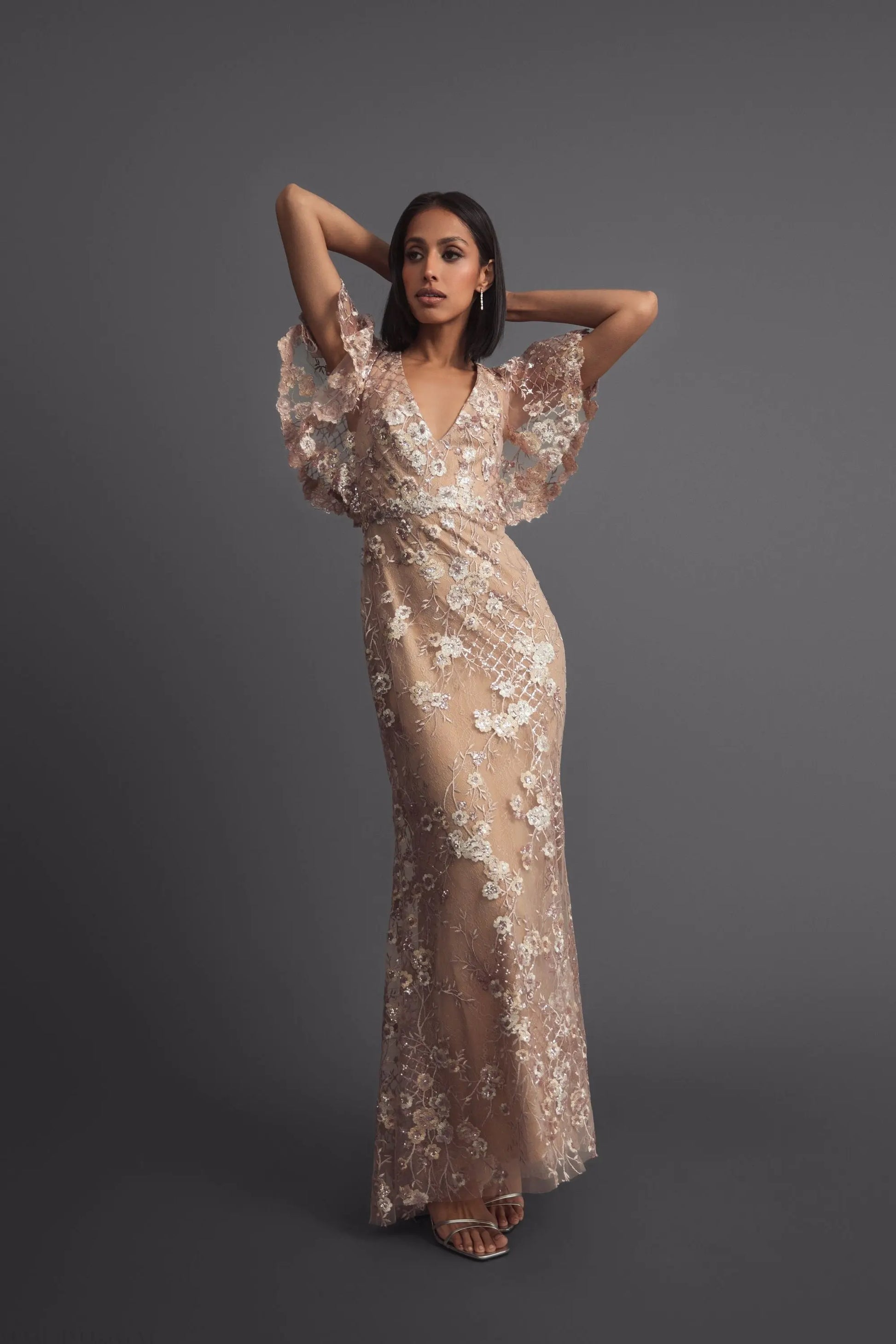 Pink Embellished Lace V Neck Butterfly Sleeve Gown | Mac Duggal Pink Embellished Lace V Neck Butterfly Sleeve Gown | Mac Duggal