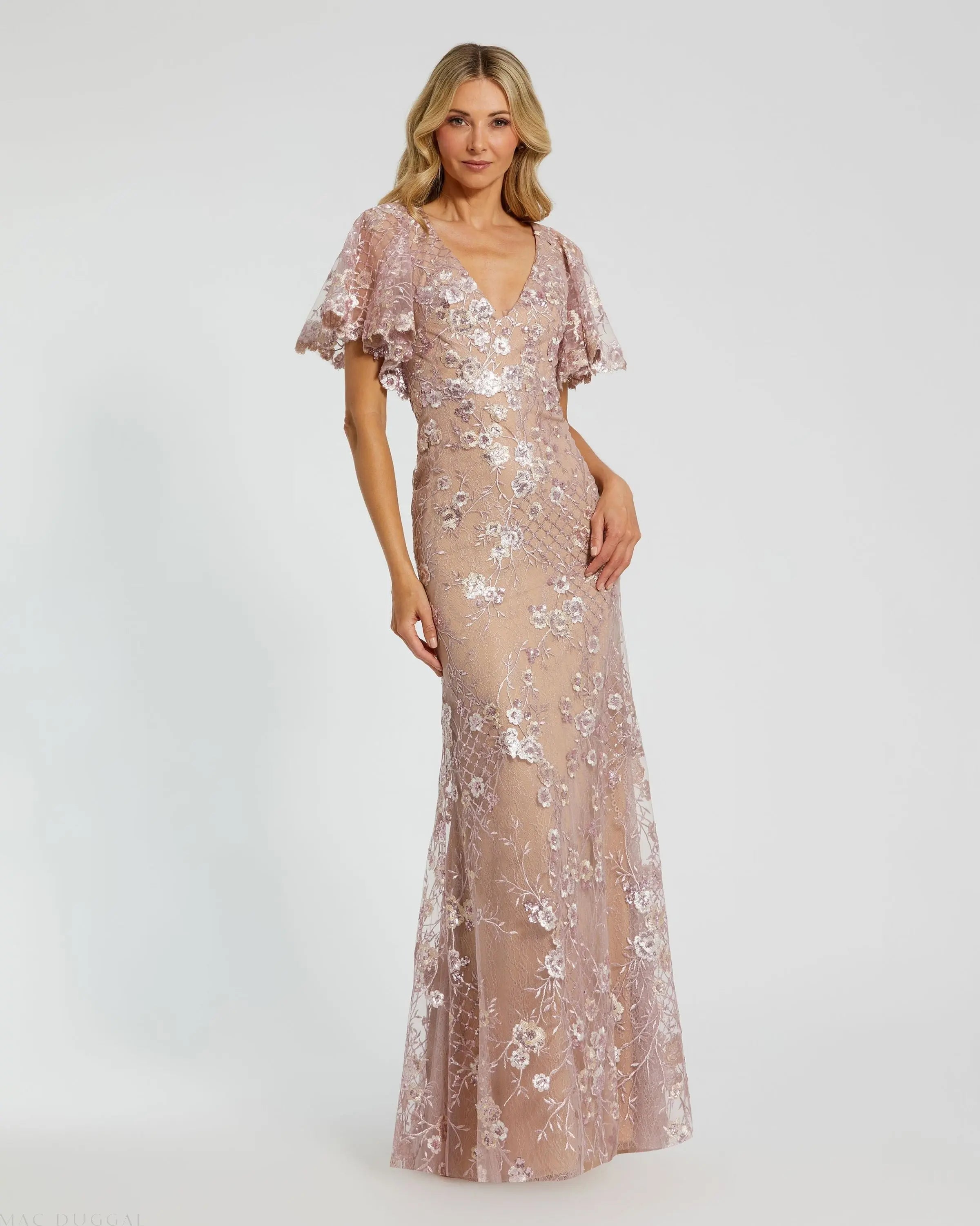 Pink Embellished Lace V Neck Butterfly Sleeve Gown - Mac Duggal