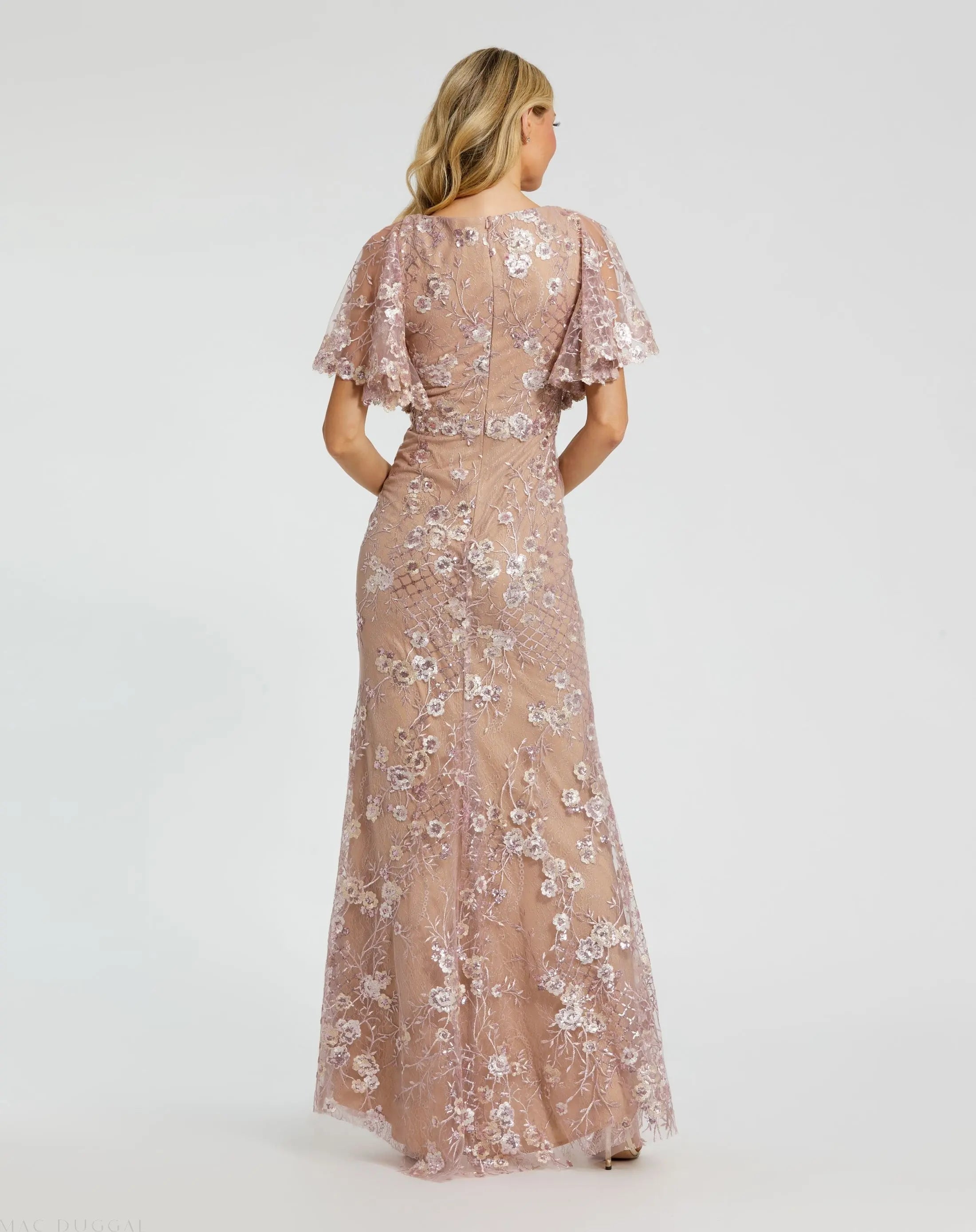 Pink Embellished Lace V Neck Butterfly Sleeve Gown - Mac Duggal