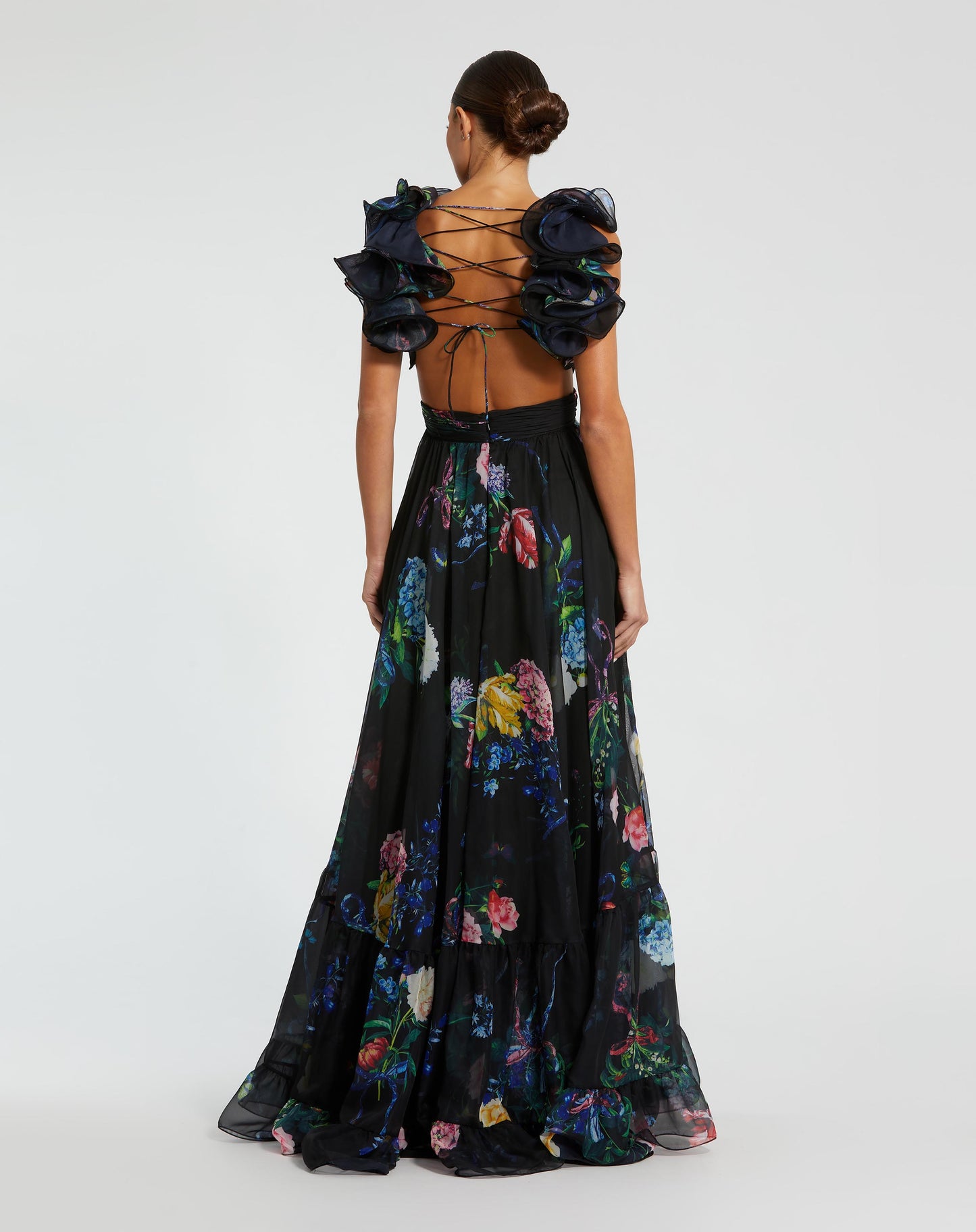 Ruffle Tiered Floral Cut-Out Chiffon Gown