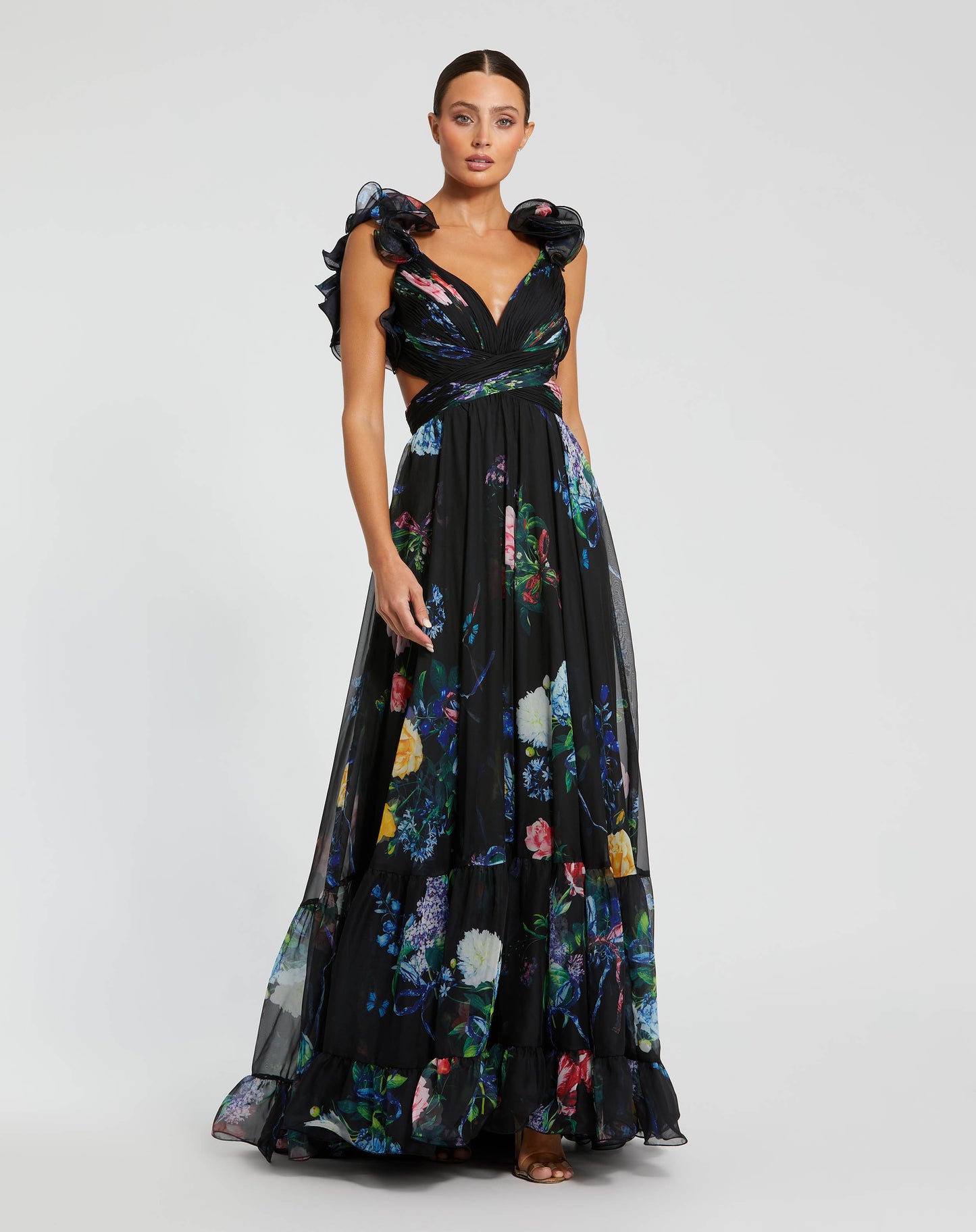 Ruffle Tiered Floral Cut-Out Chiffon Gown