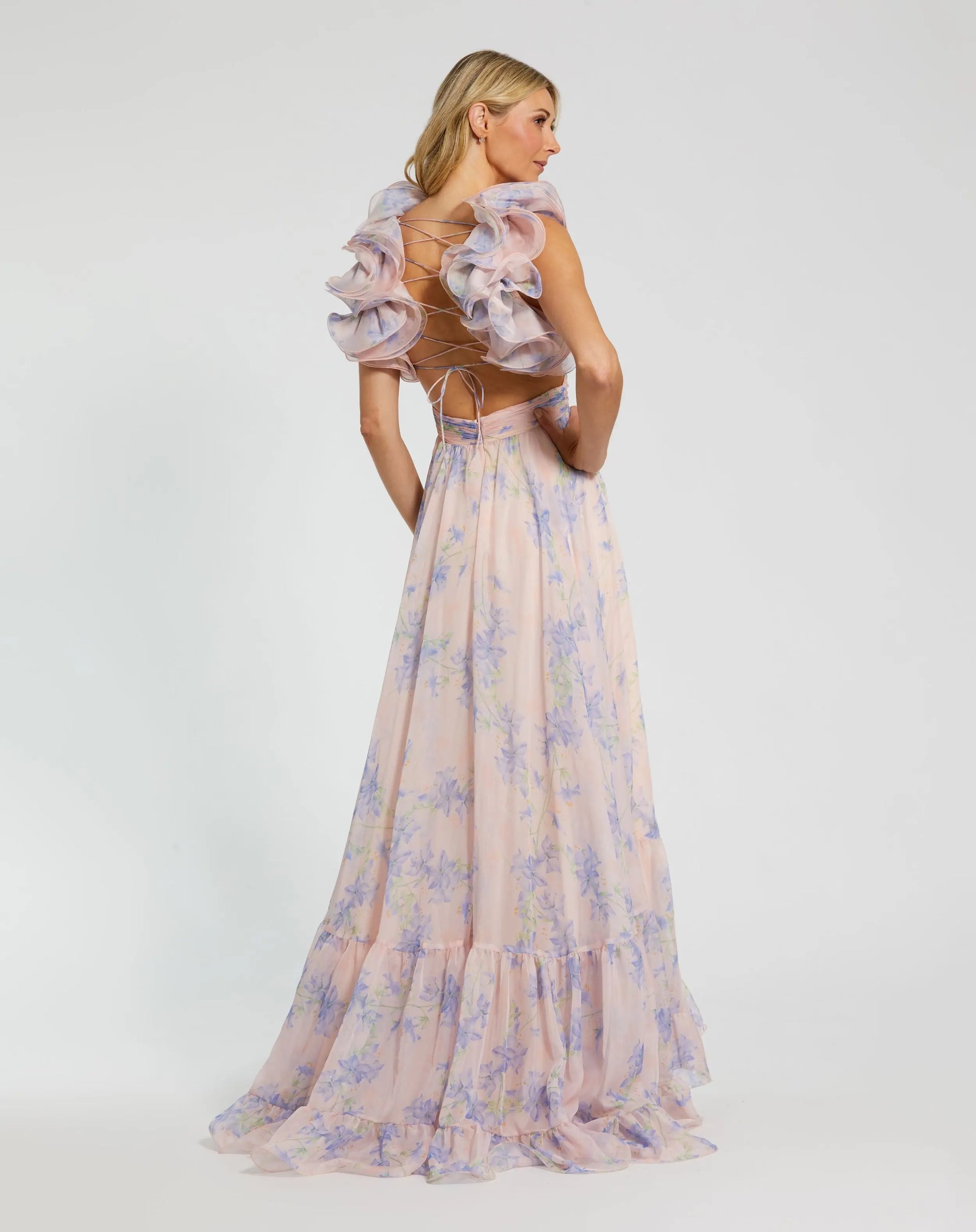 mac duggal pink ruffle dress Pink Ruffle Tiered Cut-Out Chiffon Gown