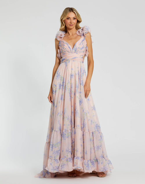 Ruffle Tiered Floral Cut-Out Chiffon Gown