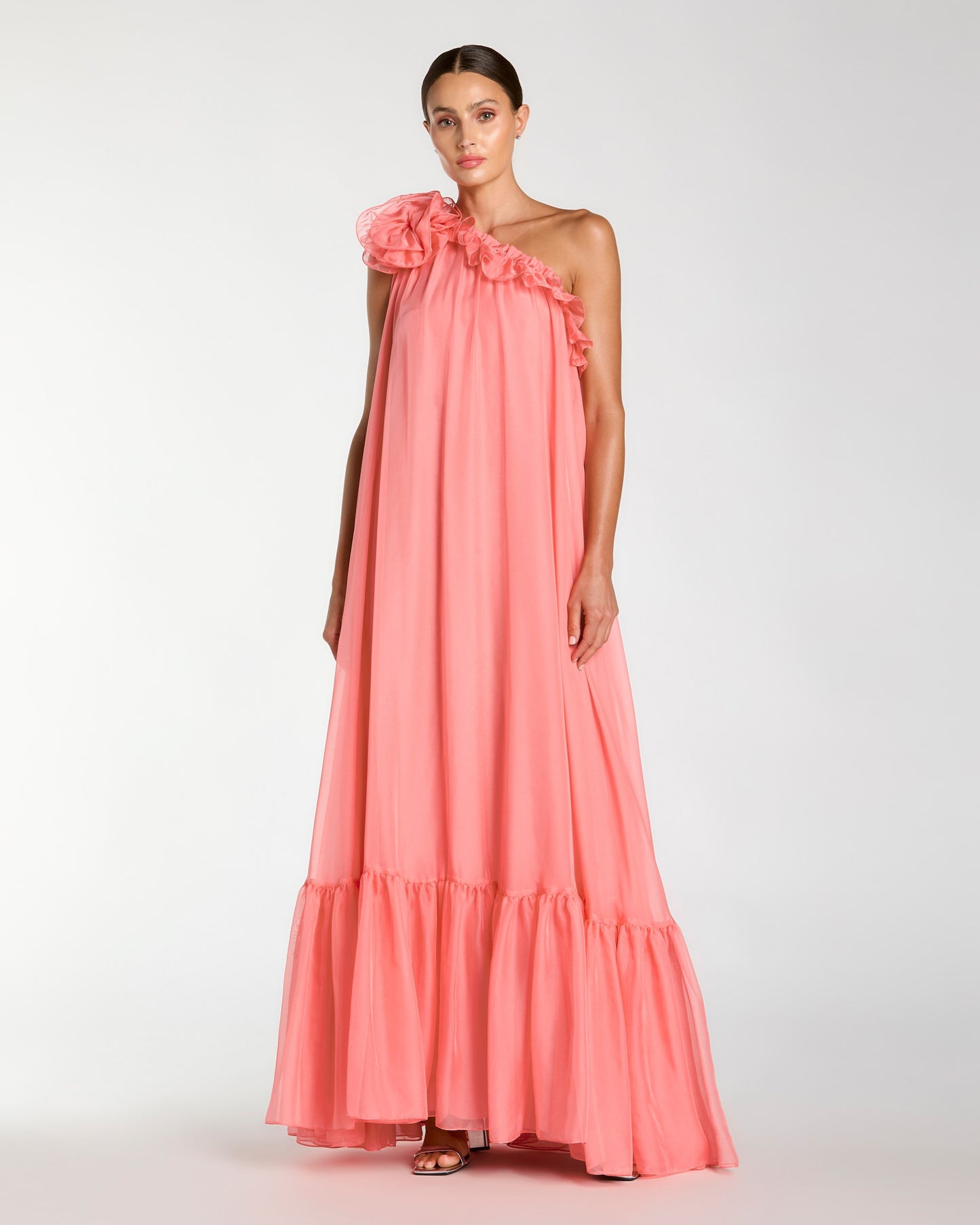 Pink One Shoulder Chiffon Gown With 3D Rosette Ieena for Mac Duggal