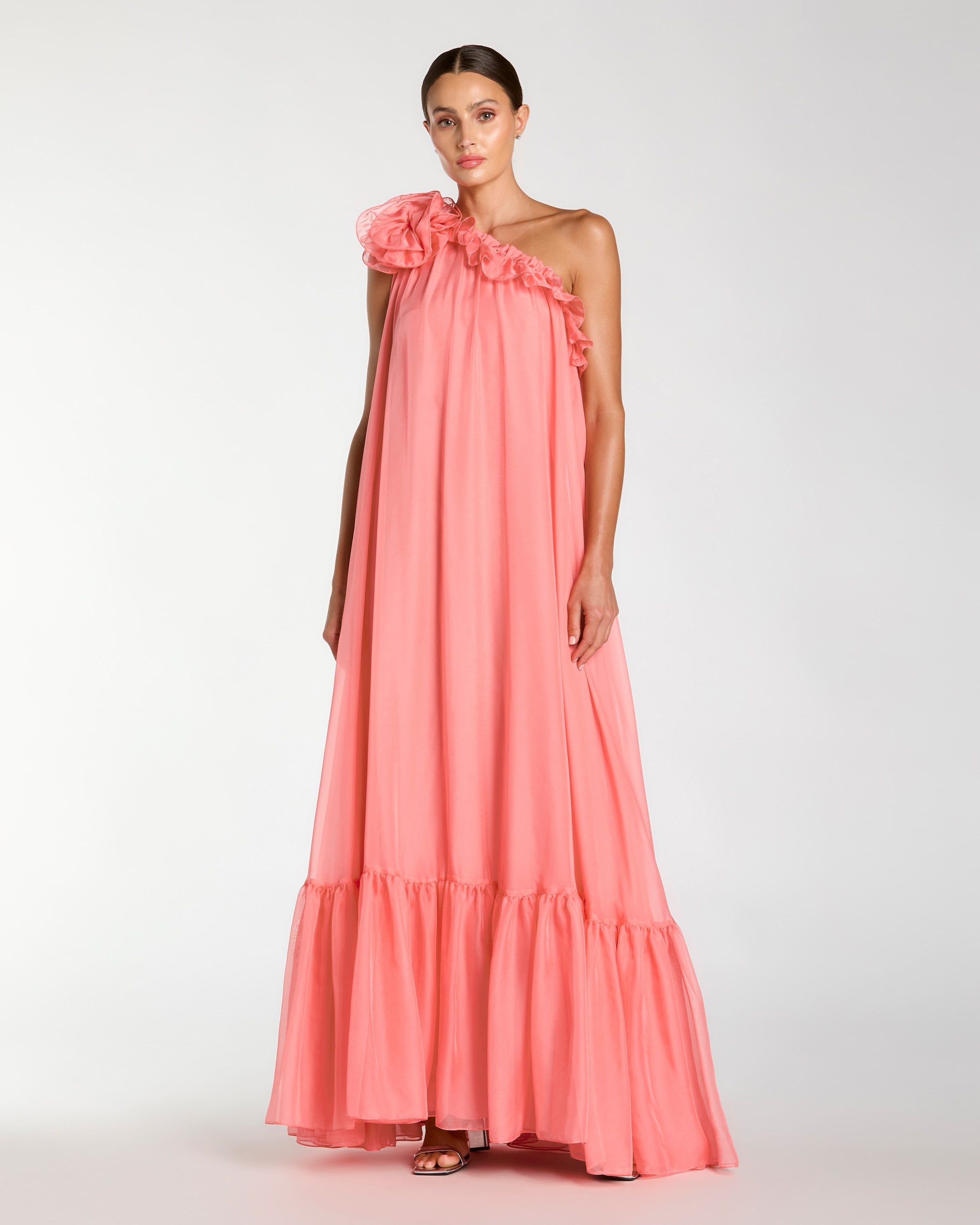Pink One Shoulder Chiffon Gown With 3D Rosette Ieena for Mac Duggal