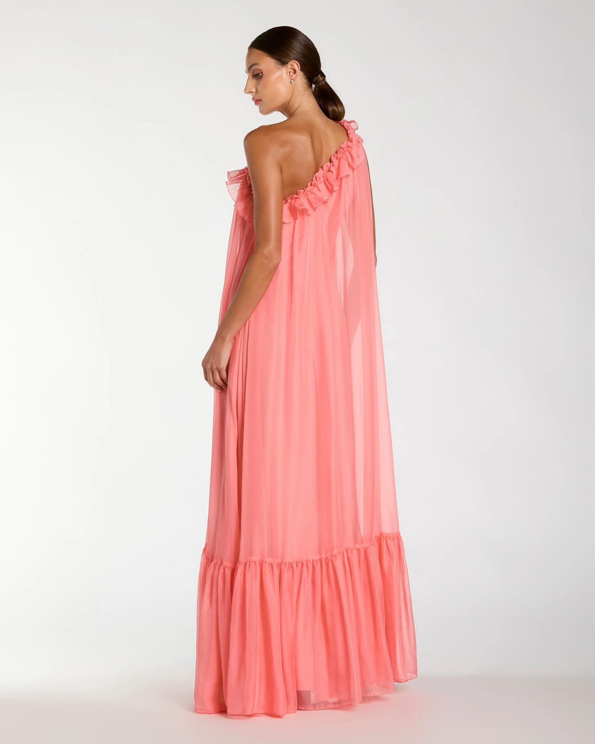 Pink One Shoulder Chiffon Gown With 3D Rosette | Mac Duggal Pink One Shoulder Chiffon Gown With 3D Rosette | Mac Duggal