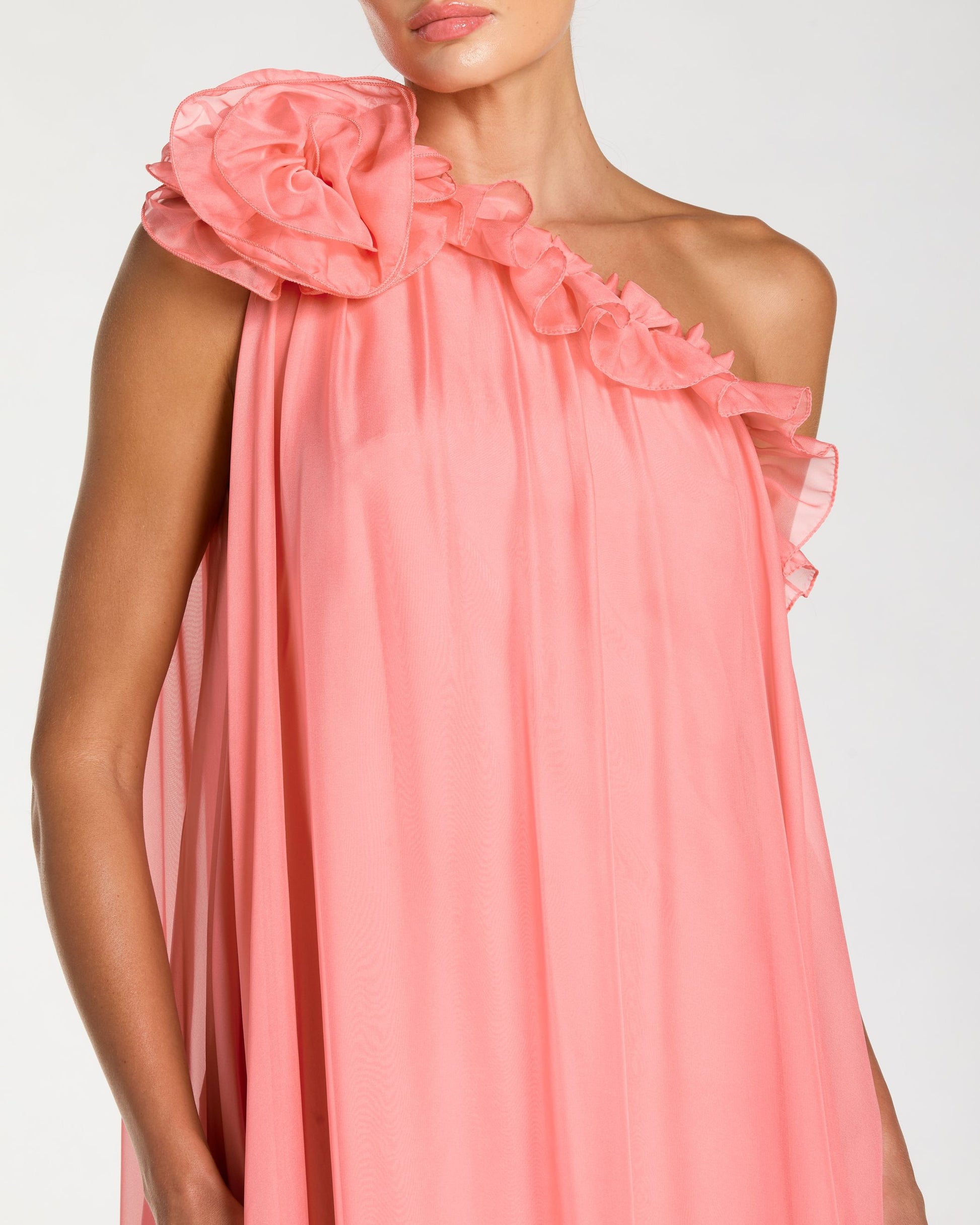 Pink One Shoulder Chiffon Gown With 3D Rosette Ieena for Mac Duggal