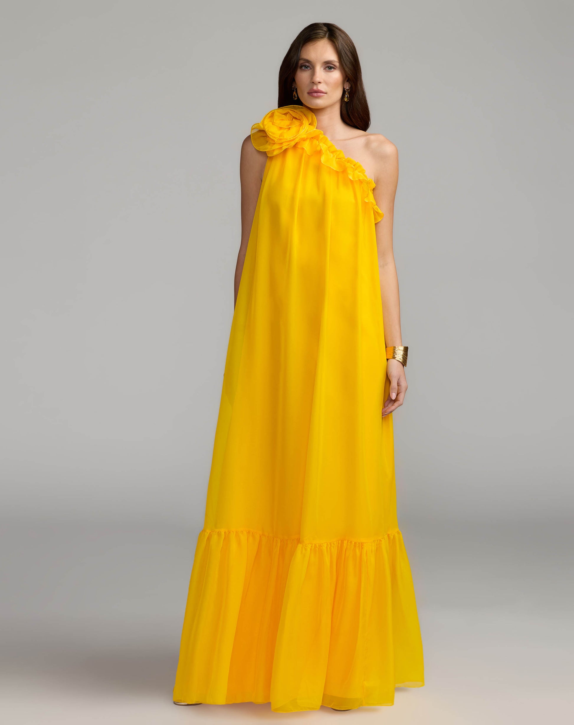 Yellow One Shoulder Chiffon Gown With 3D Rosette - Ieena for Mac Duggal