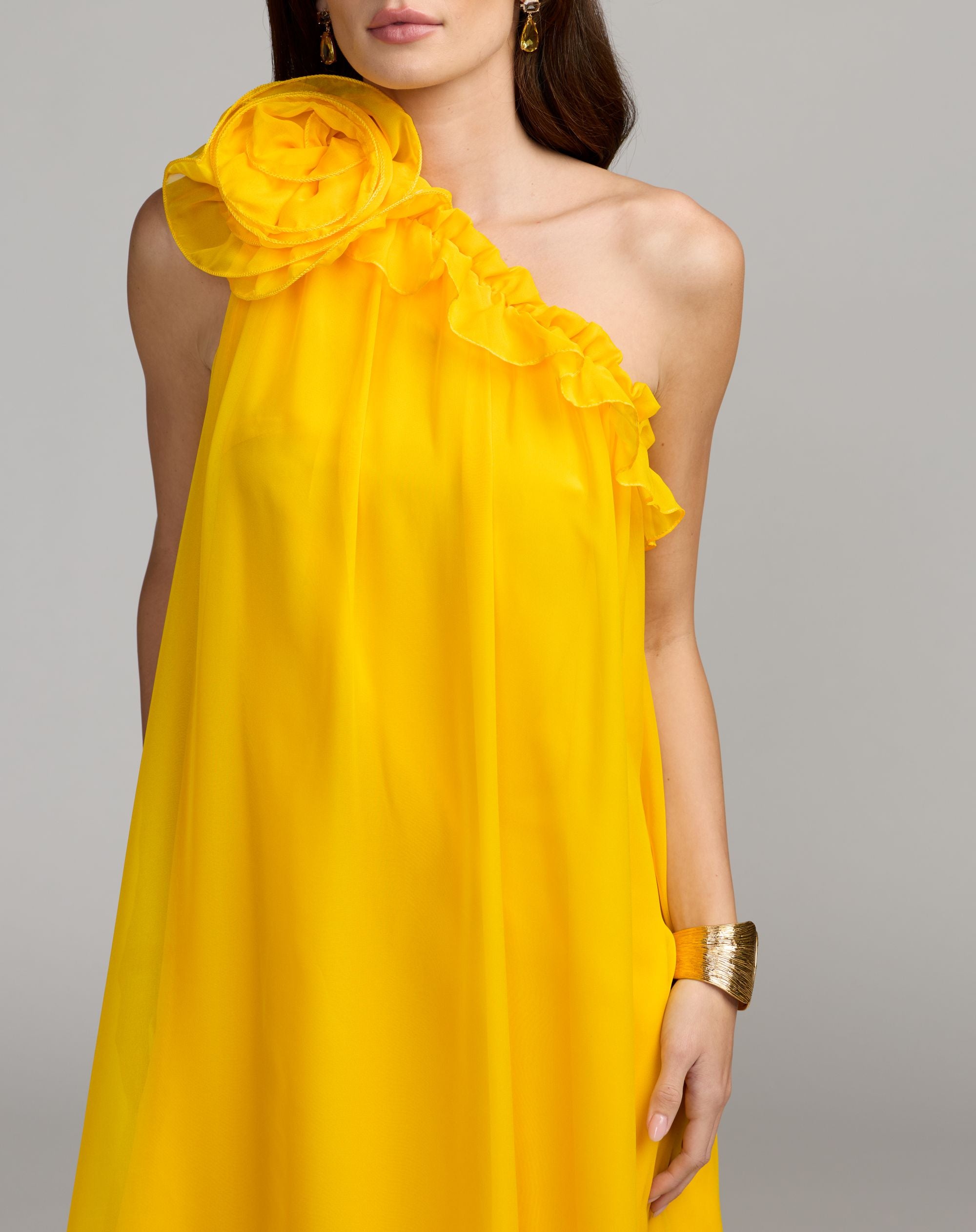 Yellow One Shoulder Chiffon Gown With 3D Rosette - Ieena for Mac Duggal