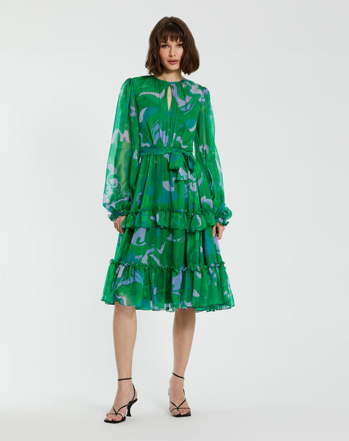 Green Printed Chiffon Bishop Sleeve Tie Waisted Ruffle Midi Dress