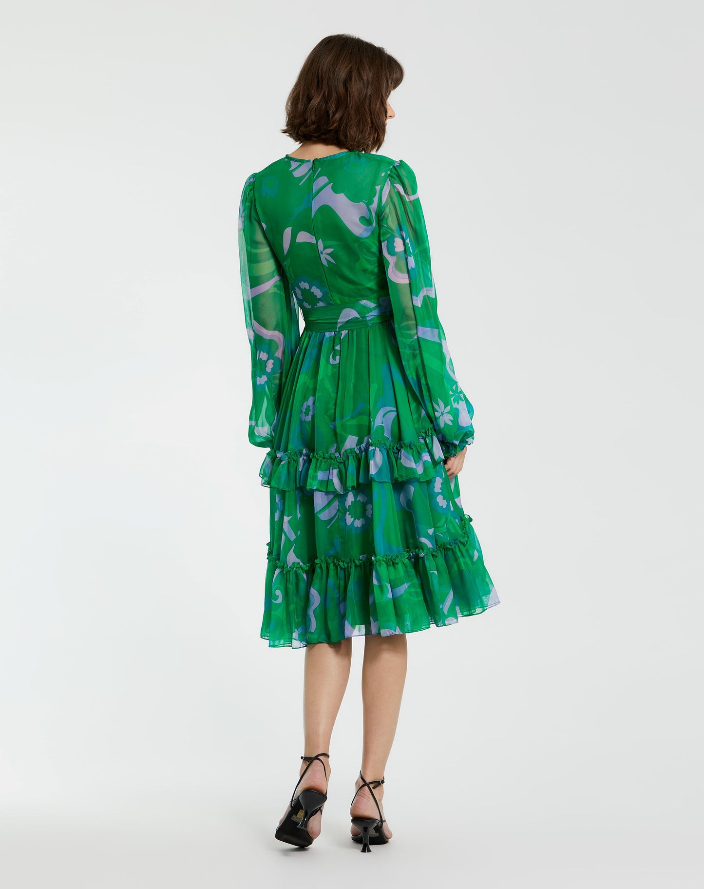 Vestido midi gasa estampada manga obispo cintura con lazo y volante verde