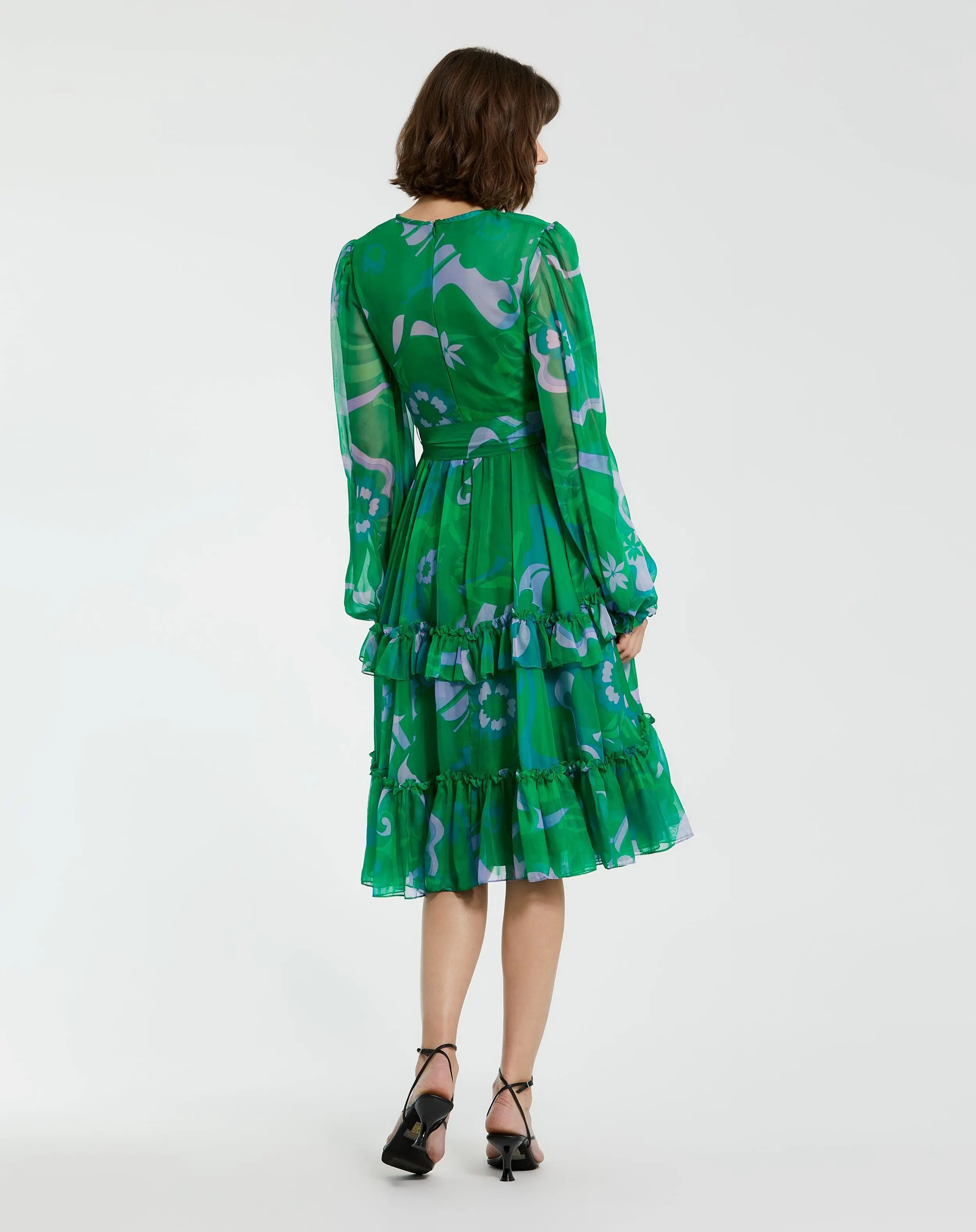 Green Printed Chiffon Bishop Sleeve Tie Waisted Ruffle Midi Dress - Mac Duggal