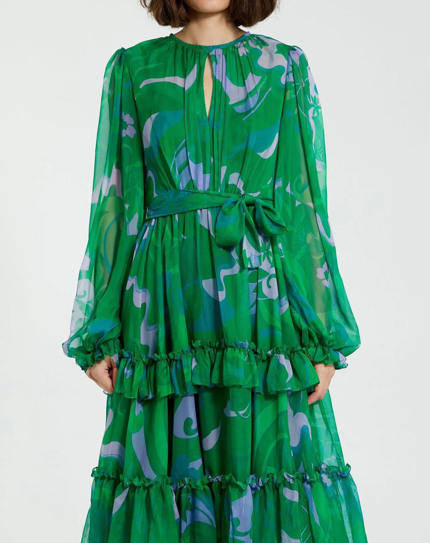Green Printed Chiffon Bishop Sleeve Tie Waisted Ruffle Midi Dress - Mac Duggal