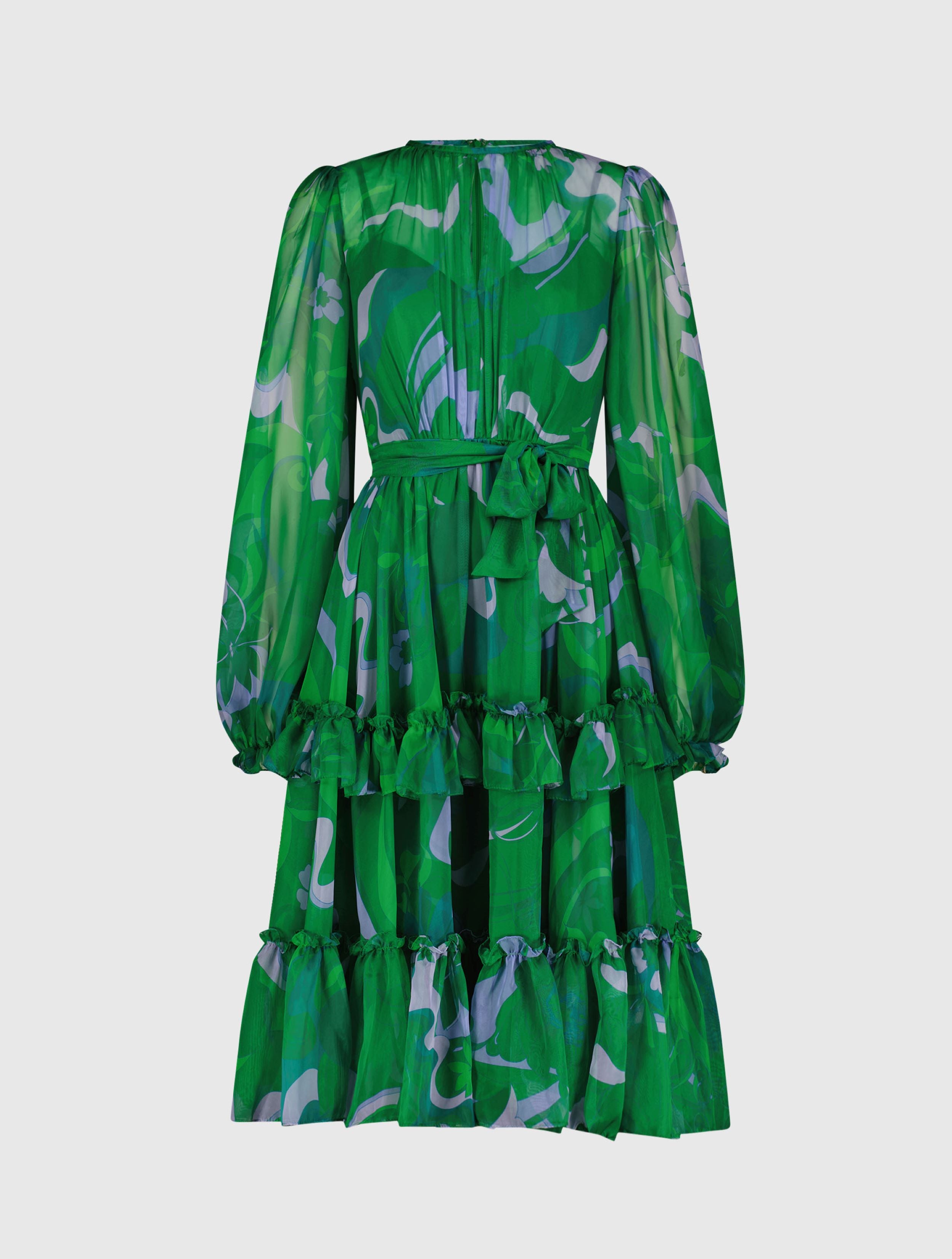 Green Printed Chiffon Bishop Sleeve Tie Waisted Ruffle Midi Dress
