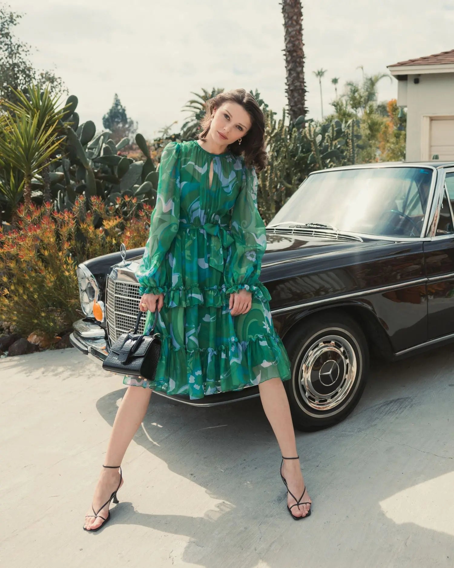 Green Printed Chiffon Bishop Sleeve Tie Waisted Ruffle Midi Dress - Mac Duggal