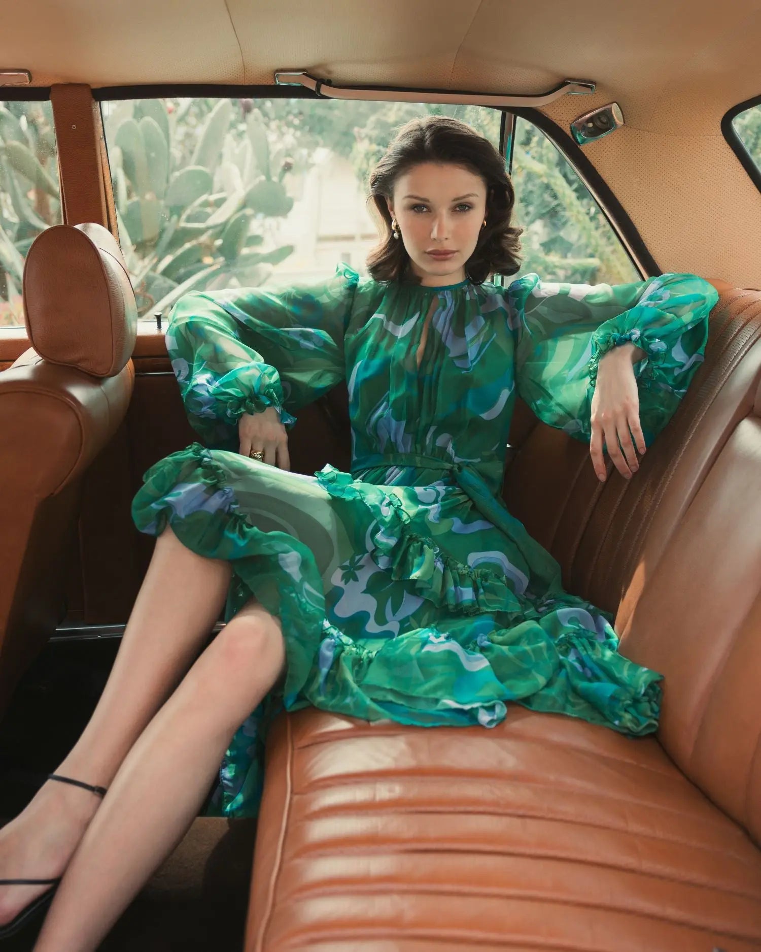 Green Printed Chiffon Bishop Sleeve Tie Waisted Ruffle Midi Dress - Mac Duggal