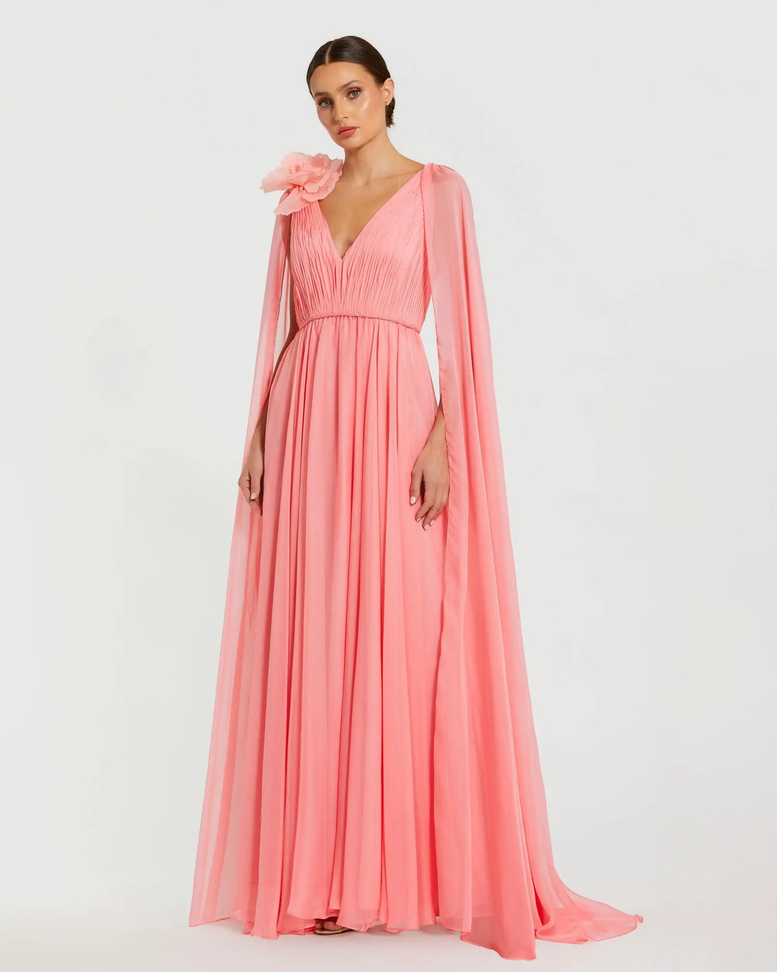 Pink Chiffon V-Neck Gown With Cape Sleeves - Mac Duggal