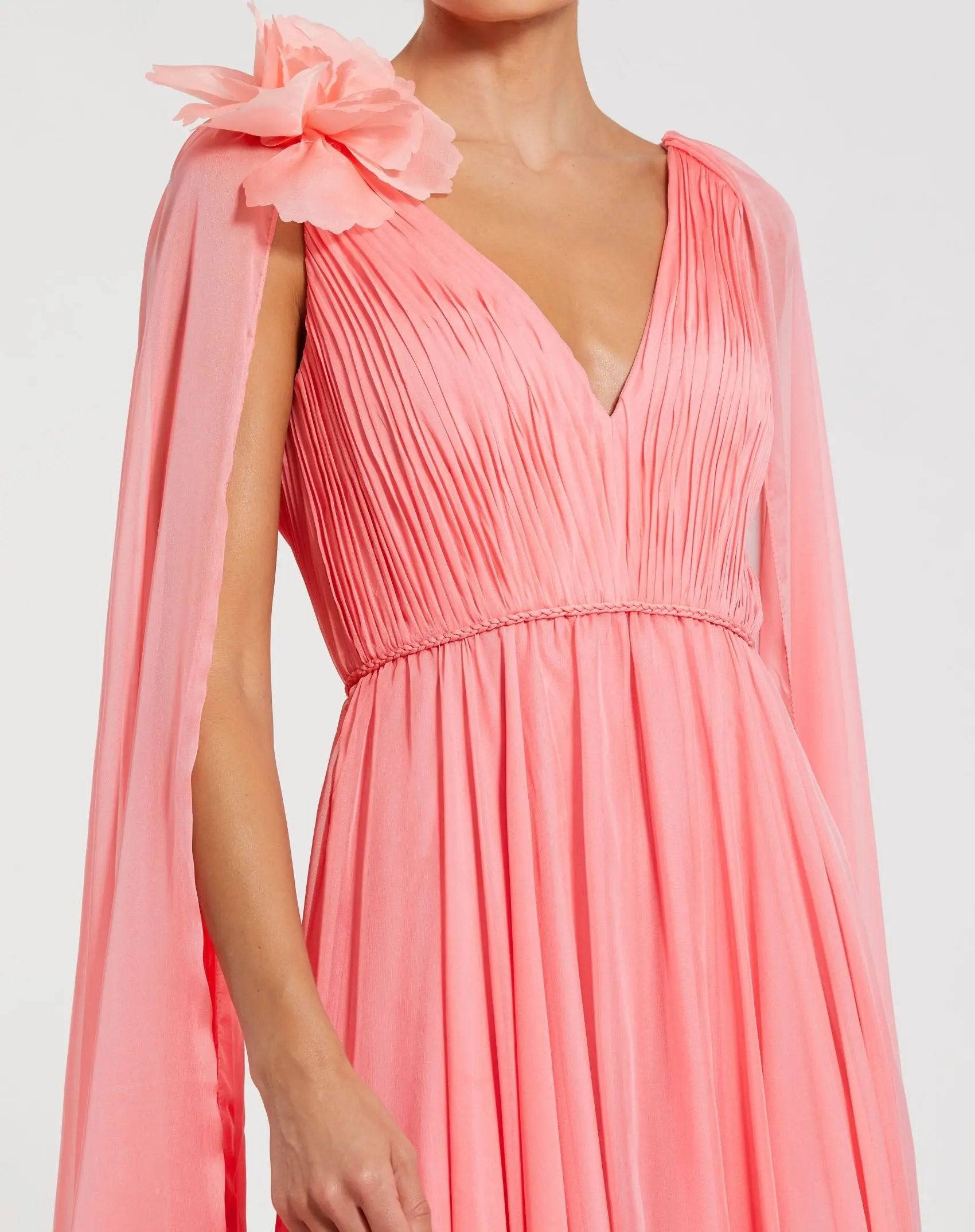Pink Chiffon V-Neck Gown With Cape Sleeves