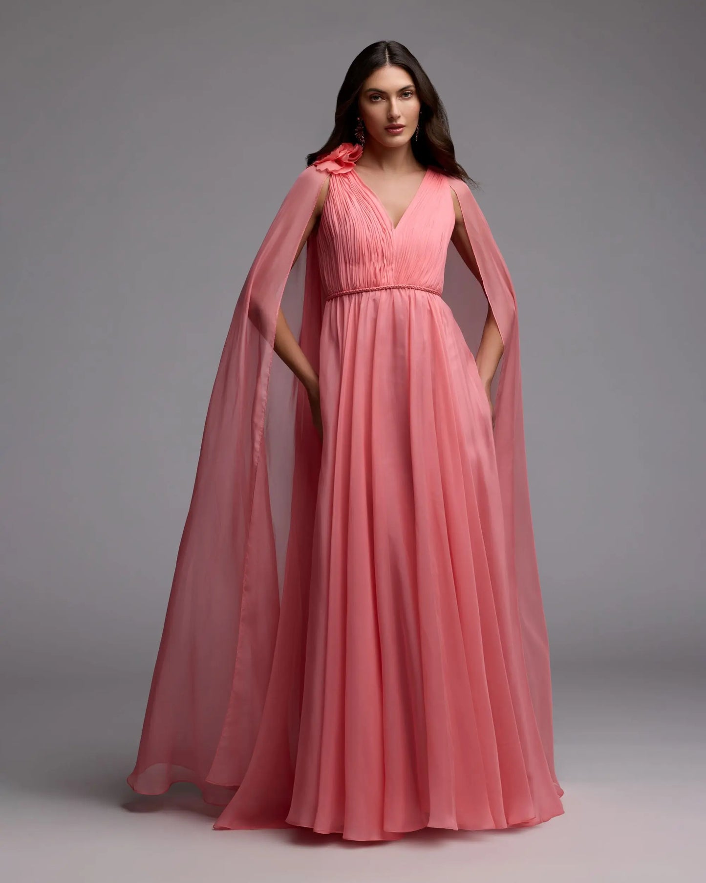 Pink Chiffon V-Neck Gown With Cape Sleeves Mac Duggal