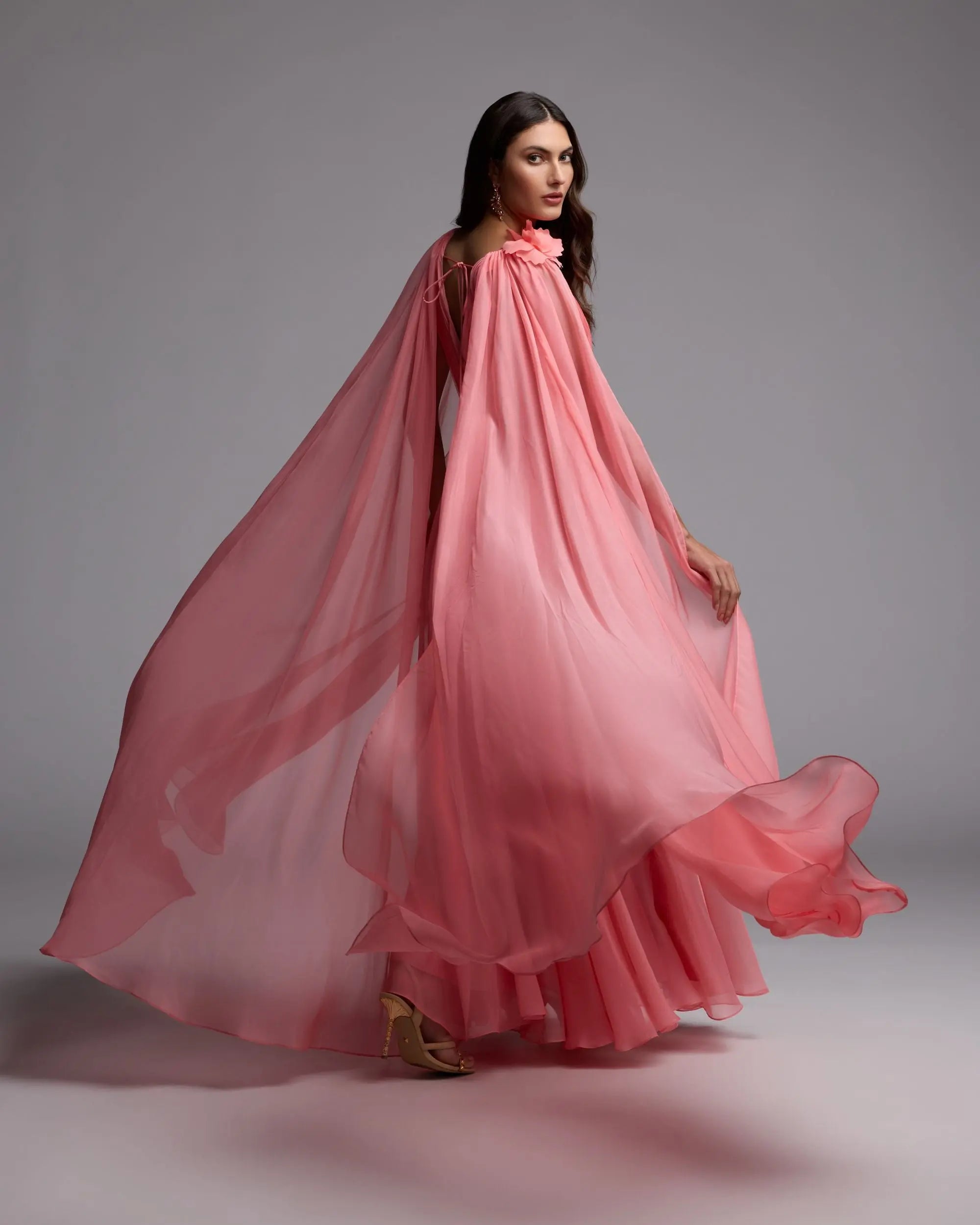 Pink Chiffon V-Neck Gown With Cape Sleeves Mac Duggal