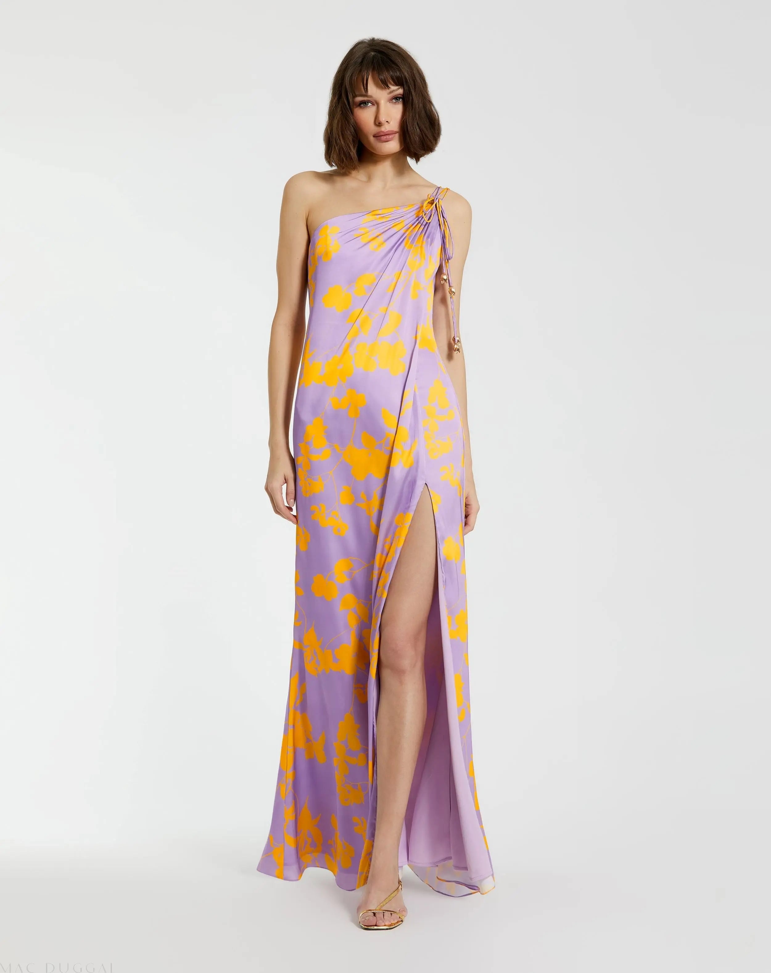 Purple Orchid Floral Printed Charmeuse One Shoulder Maxi Dress With Slit - Mac Duggal
