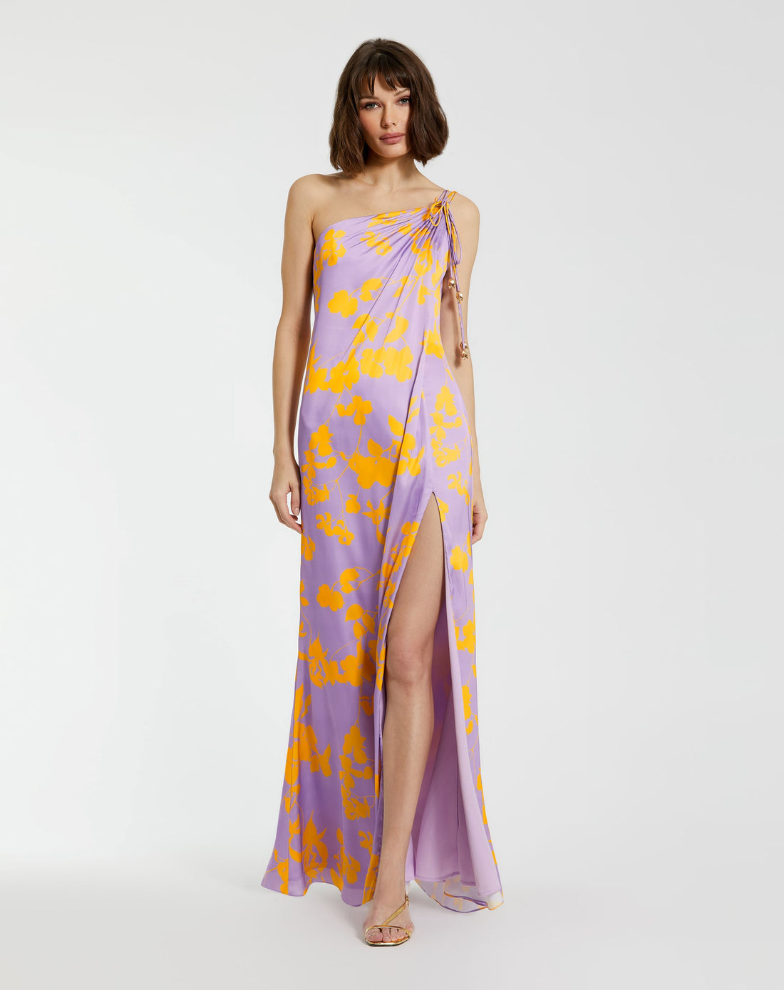 Orchid Floral Printed Charmeuse One Shoulder Maxi Dress With Slit