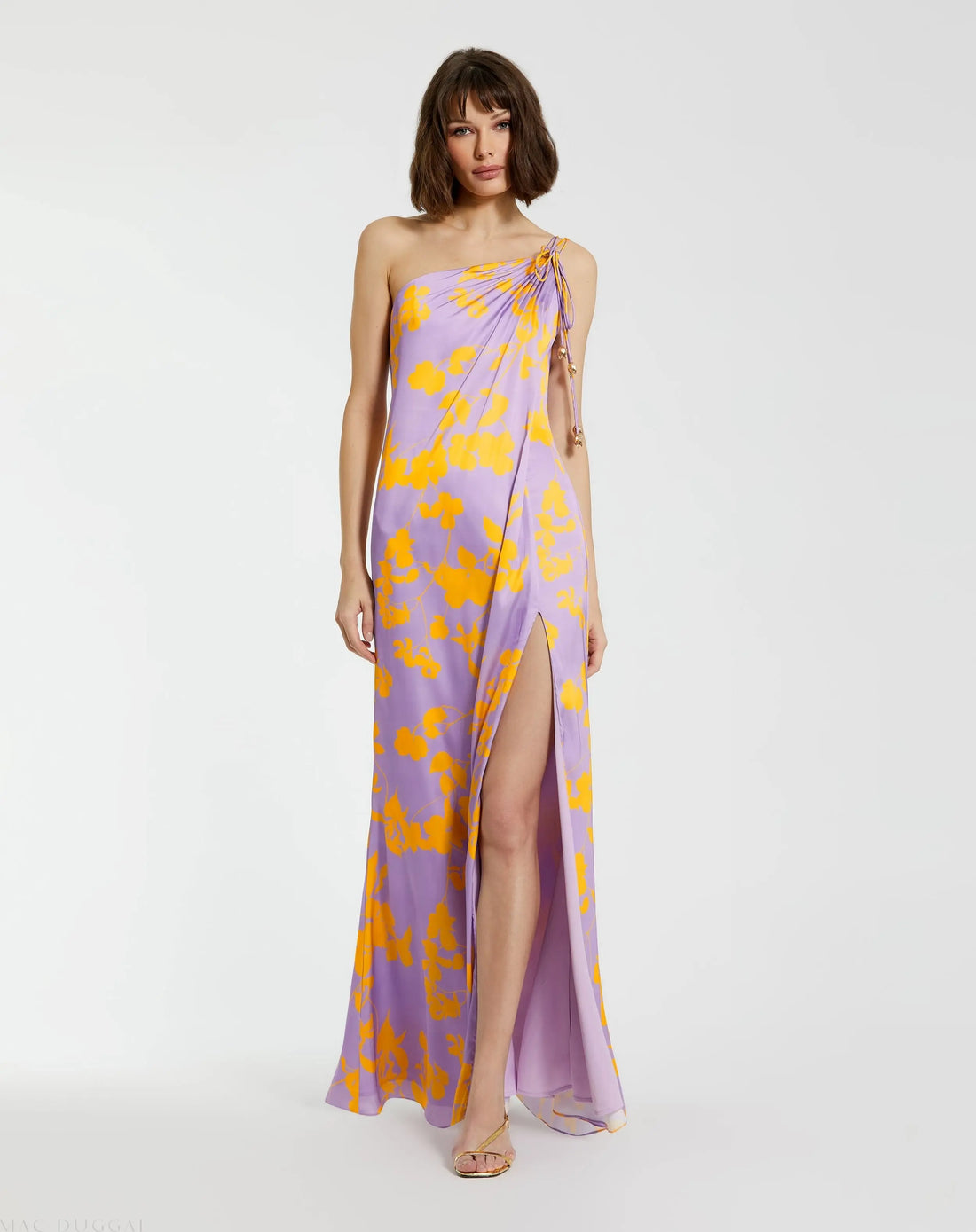 Orchid Floral Printed Charmeuse One Shoulder Maxi Dress With Slit - Mac Duggal Orchid Floral Printed Charmeuse One Shoulder Maxi Dress With Slit - Mac Duggal