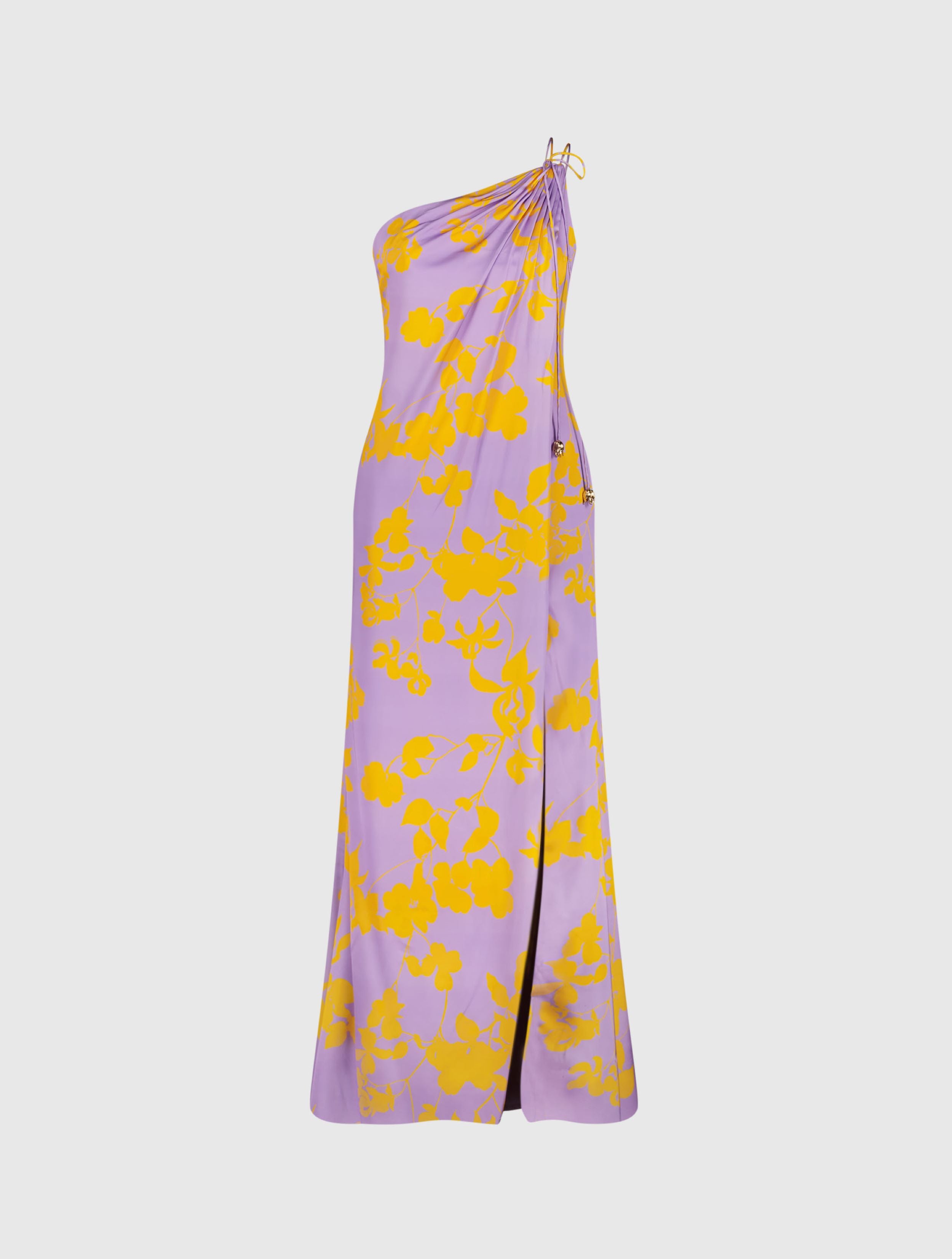 Orchid Floral Printed Charmeuse One Shoulder Maxi Dress With Slit