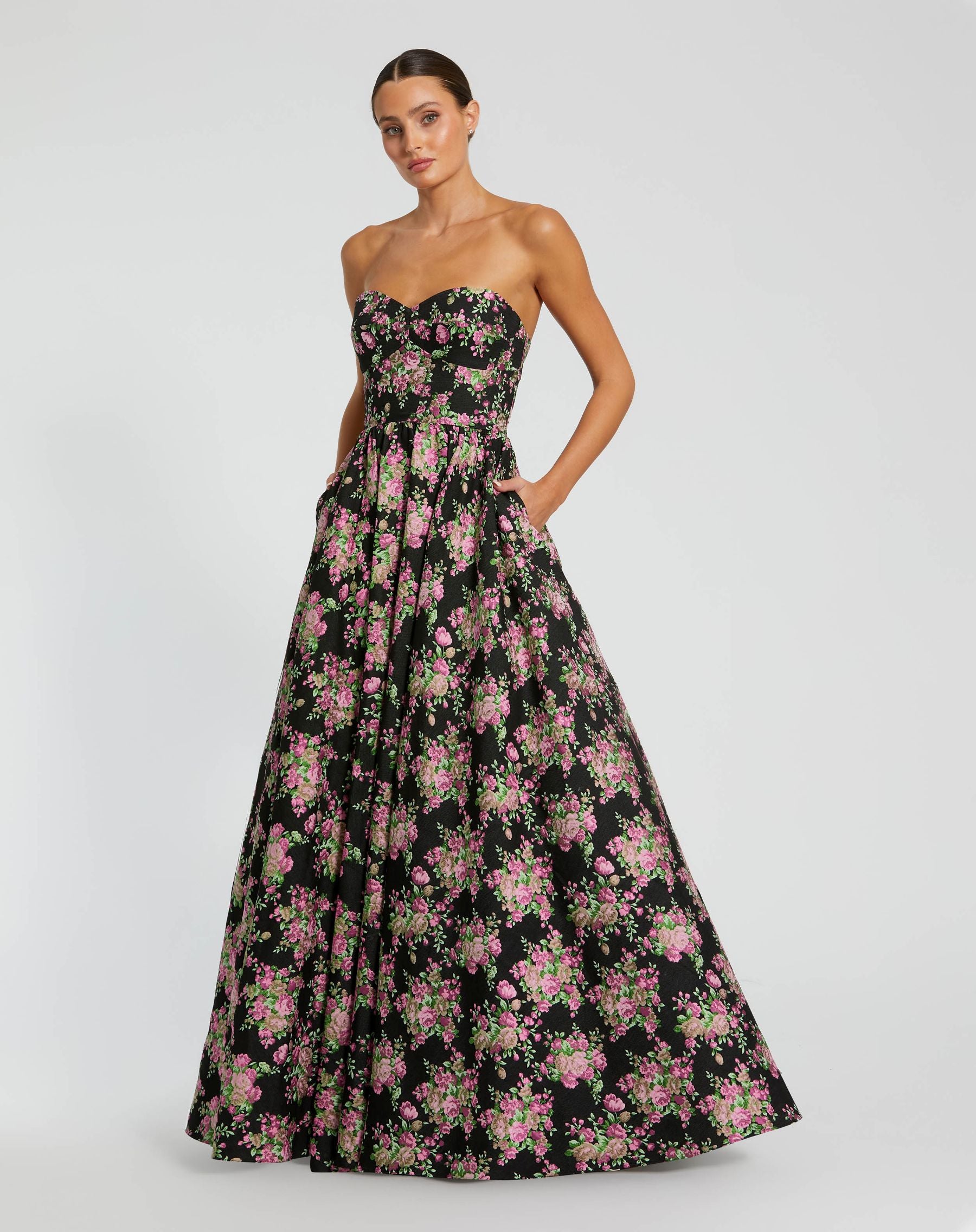 Strapless Sweetheart Brocade Floral A Line Gown