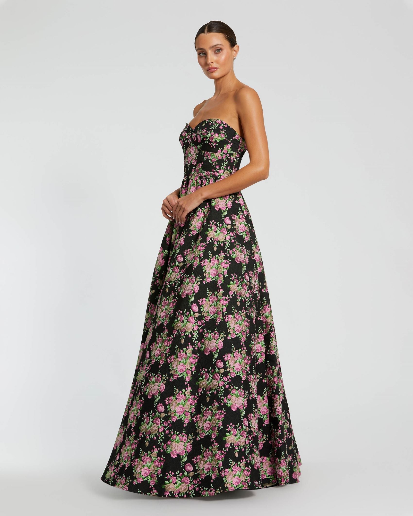 Strapless Sweetheart Brocade Floral A Line Gown