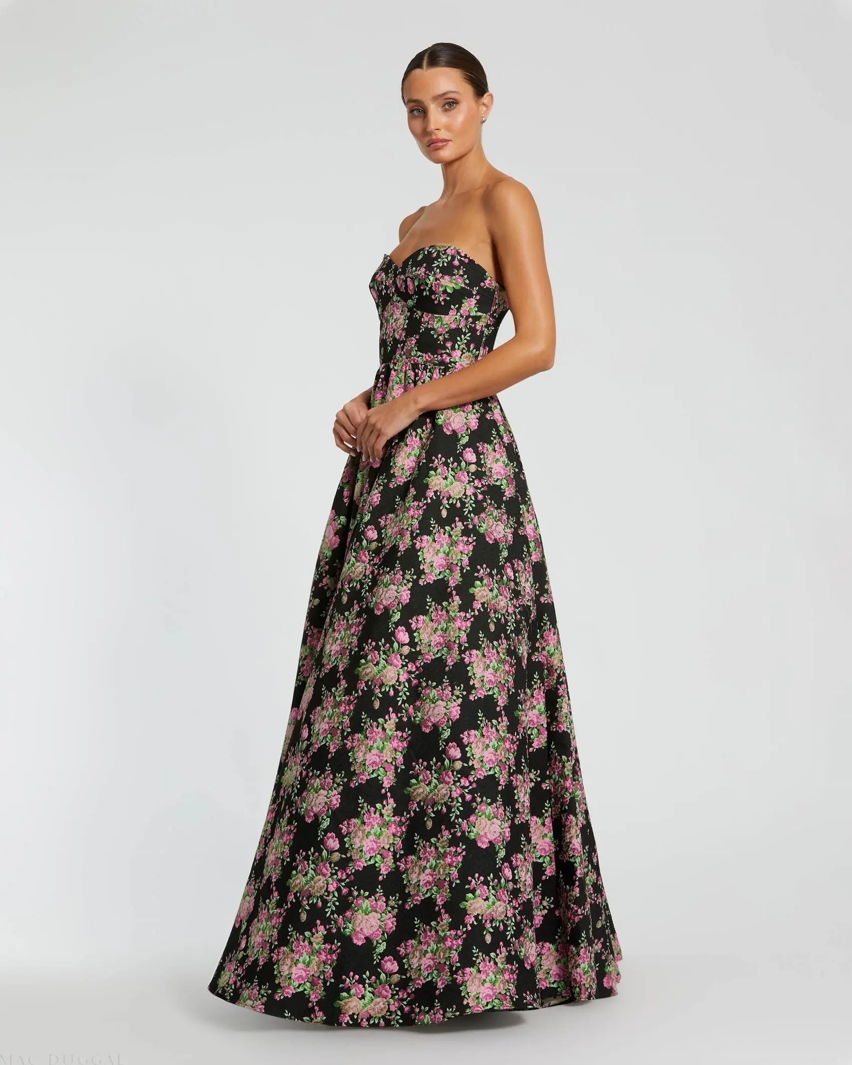 Black Strapless Sweetheart Brocade Floral A Line Gown - Mac Duggal