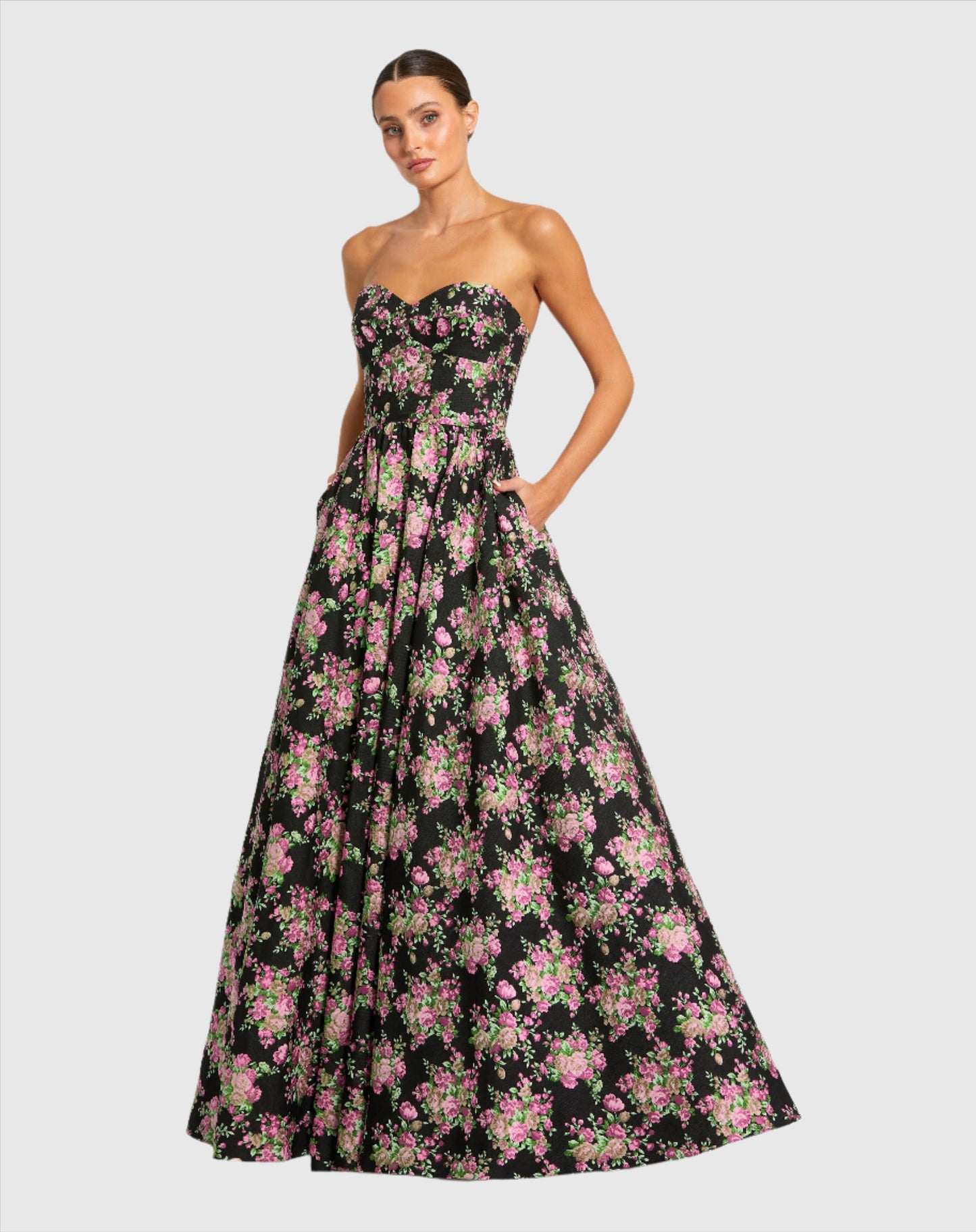 Strapless Sweetheart Brocade Floral A Line Gown