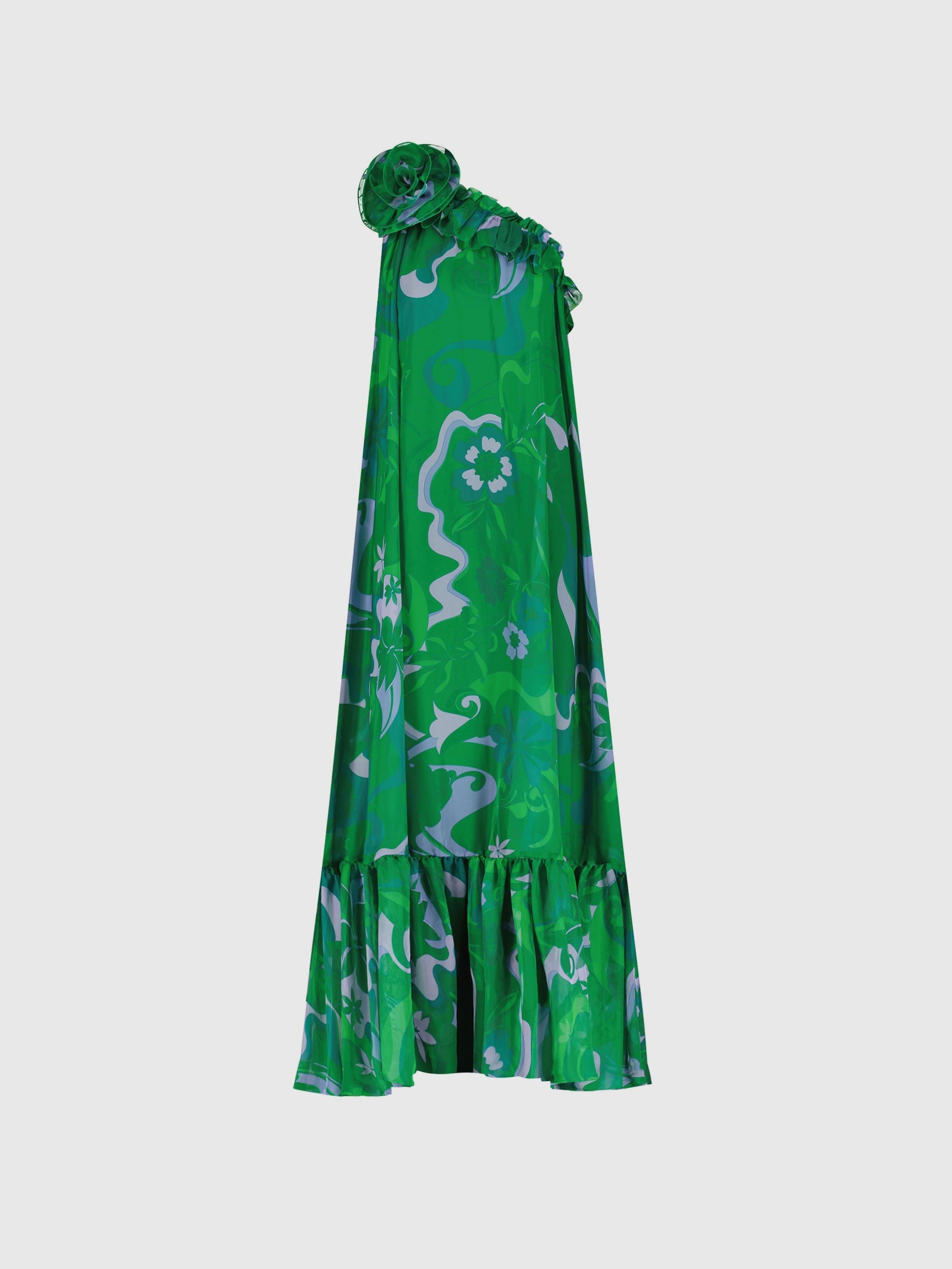 Robe longue imprimée en mousseline de soie à une épaule et à volants roses