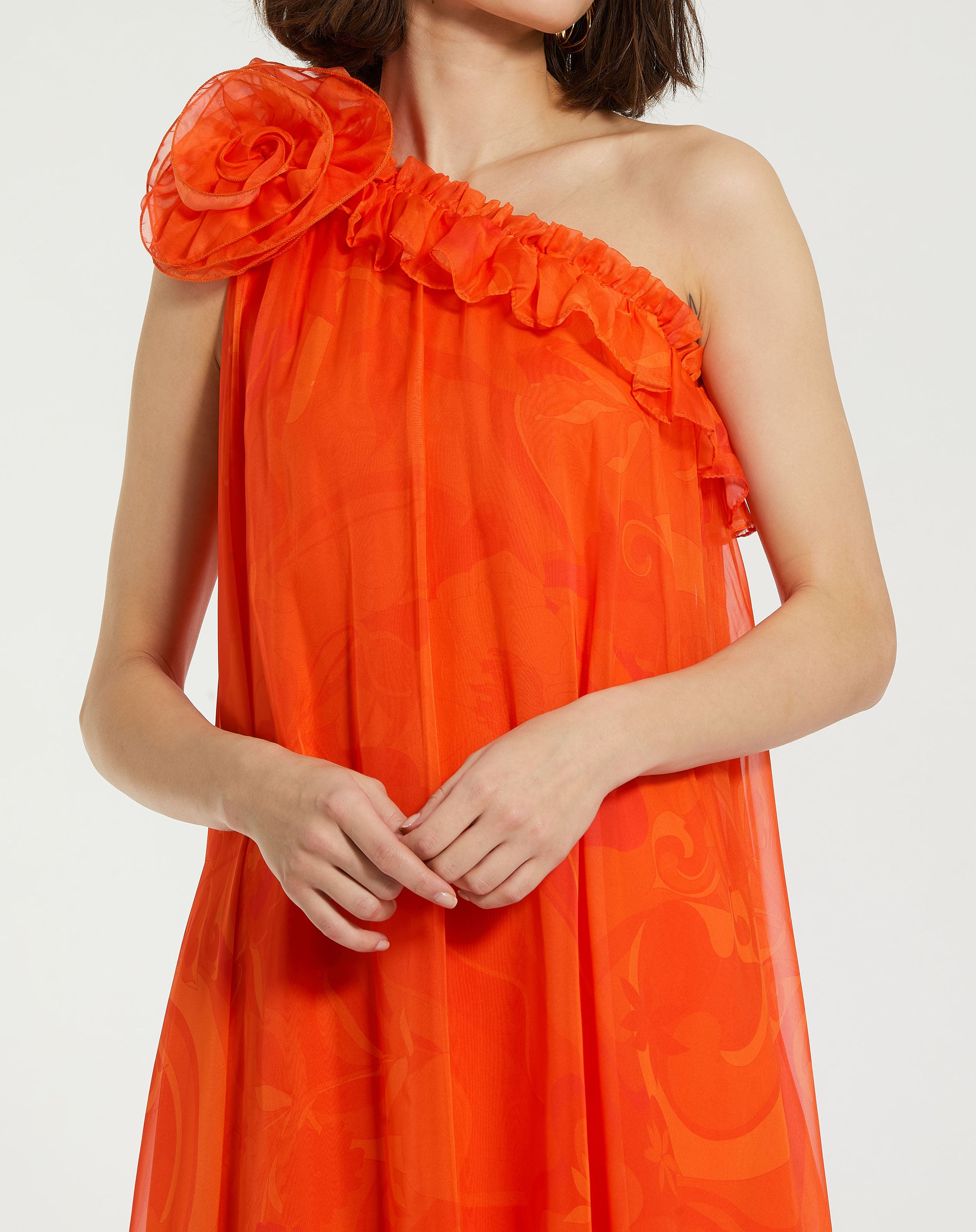 Printed Chiffon One Shoulder Rose Ruffle Maxi Dress