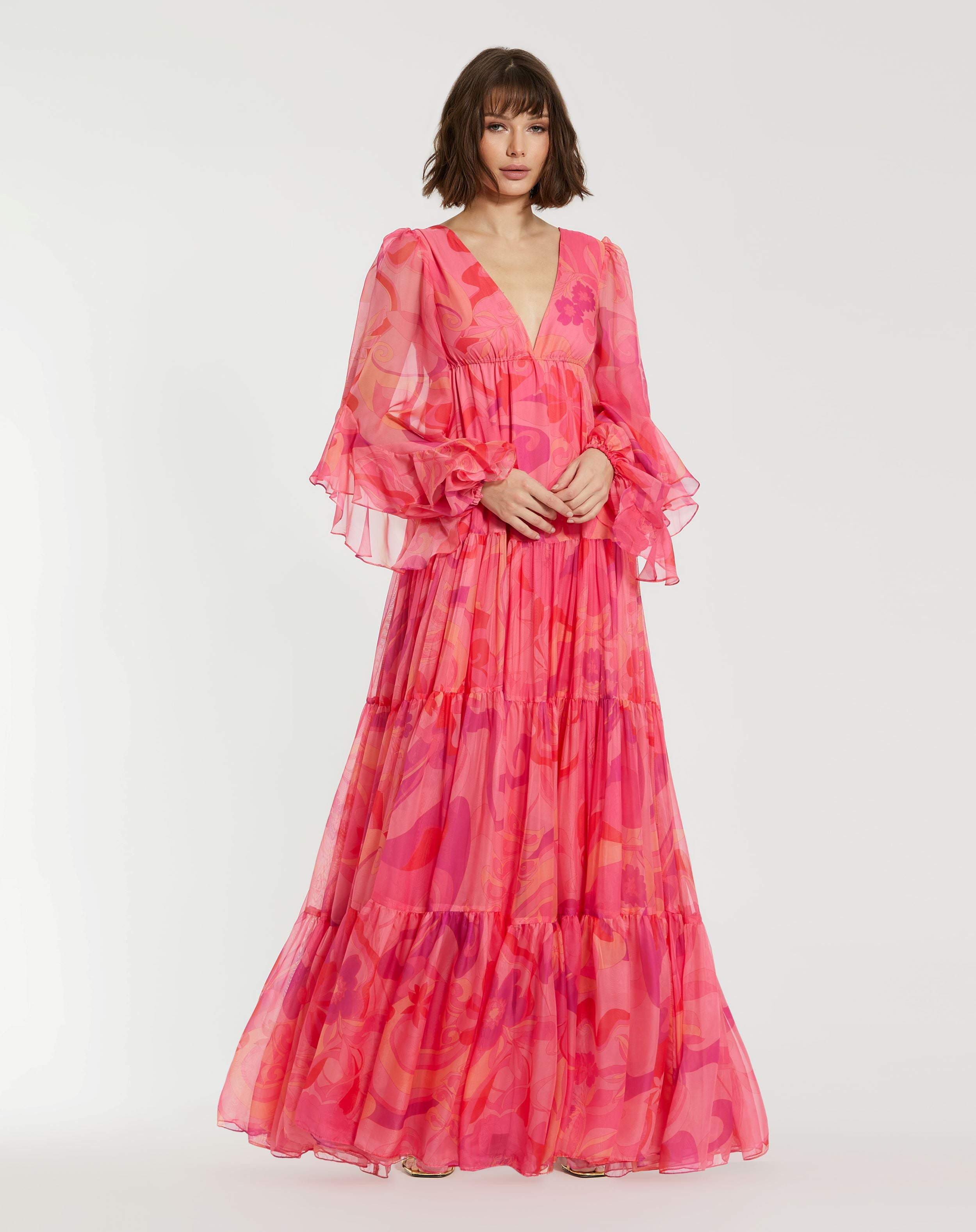 Hibiscus Printed Chiffon Ruffle Long Sleeve V Neck Maxi Dress