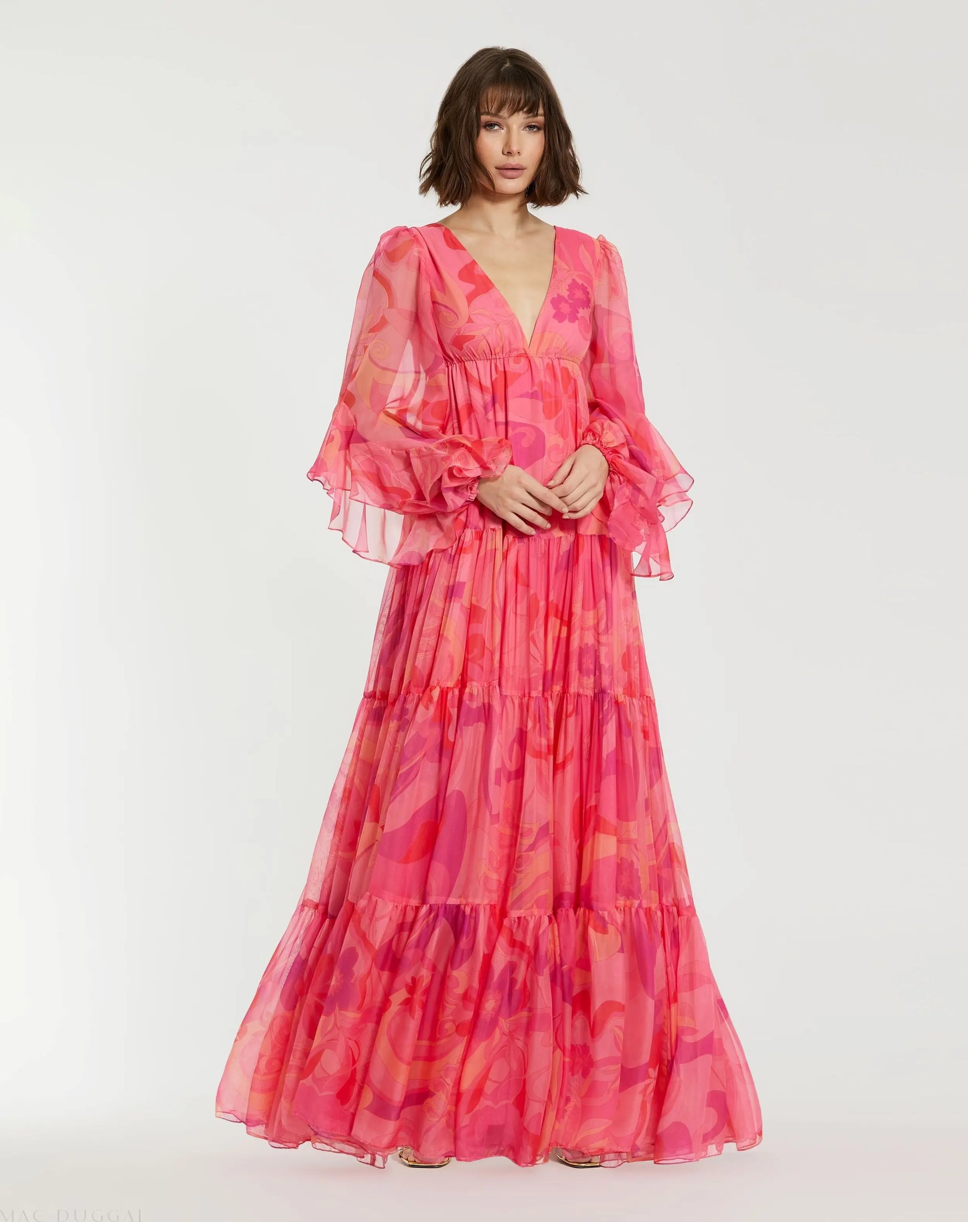 Hibiscus Printed Chiffon Ruffle Long Sleeve V Neck Maxi Dress - Mac Mac Duggal Hibiscus Printed Chiffon Ruffle Long Sleeve V Neck Maxi Dress - Mac Mac Duggal