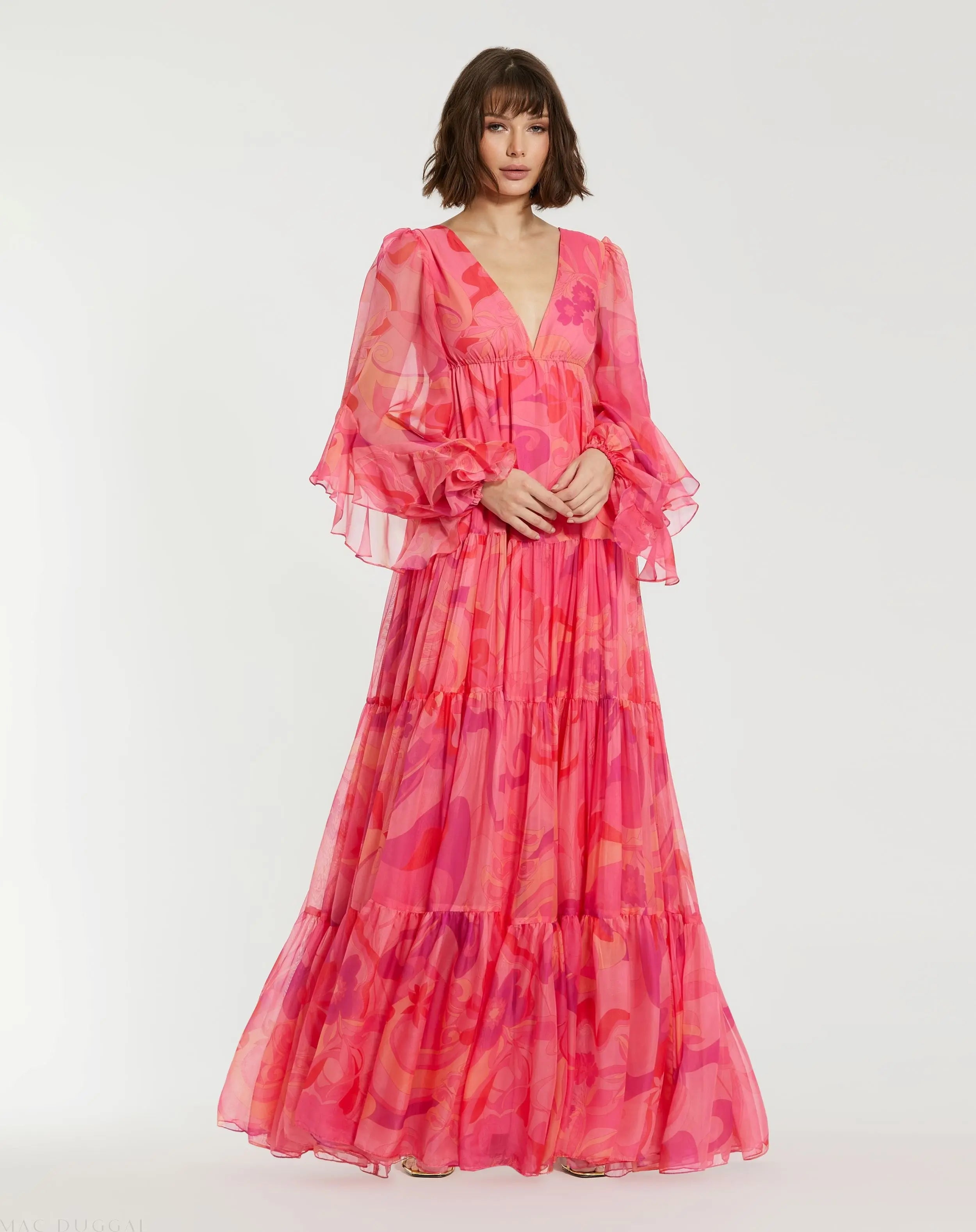 Hibiscus Printed Chiffon Ruffle Long Sleeve V Neck Maxi Dress