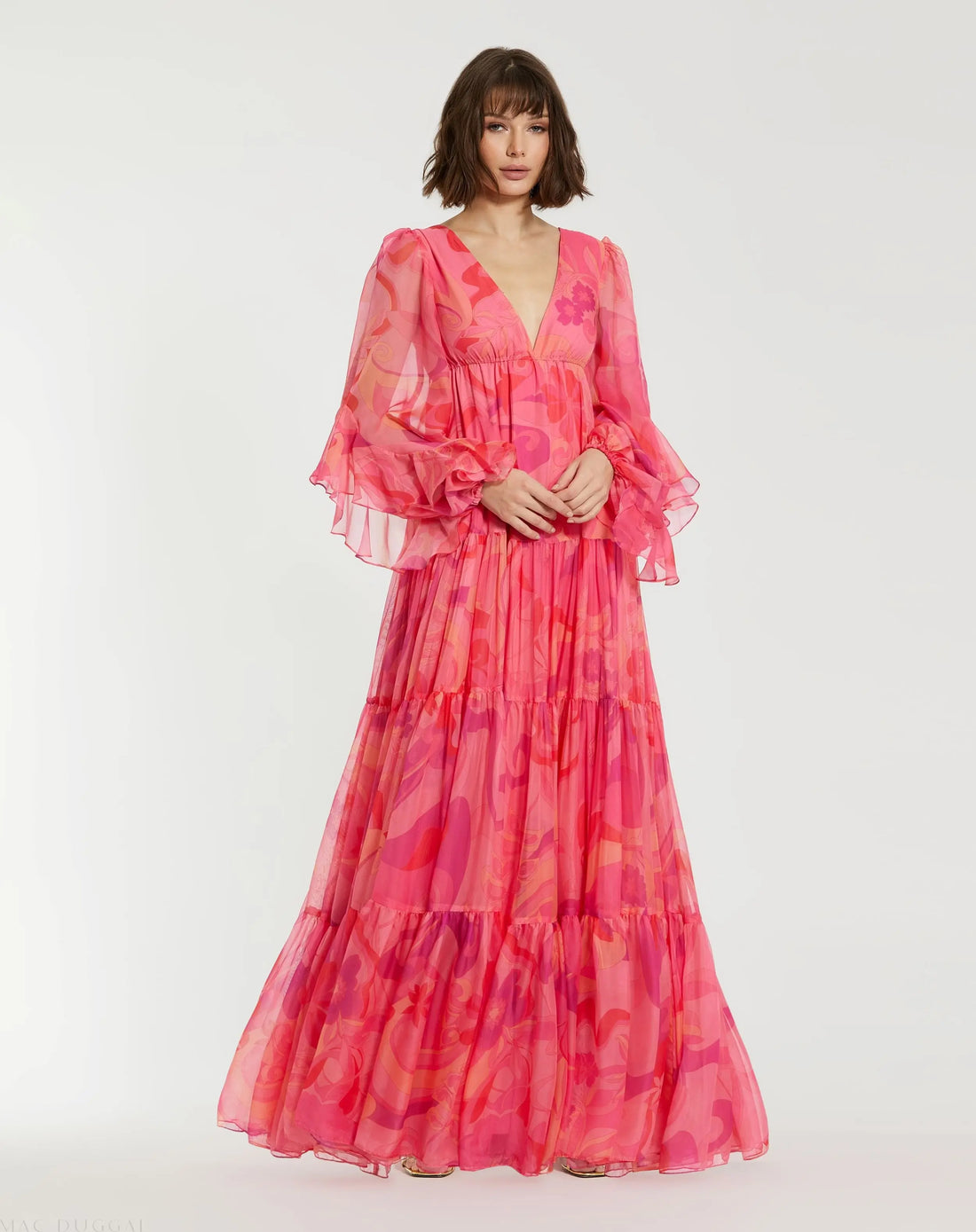 Hibiscus Printed Chiffon Ruffle Long Sleeve V Neck Maxi Dress - Mac Mac Duggal Hibiscus Printed Chiffon Ruffle Long Sleeve V Neck Maxi Dress - Mac Mac Duggal