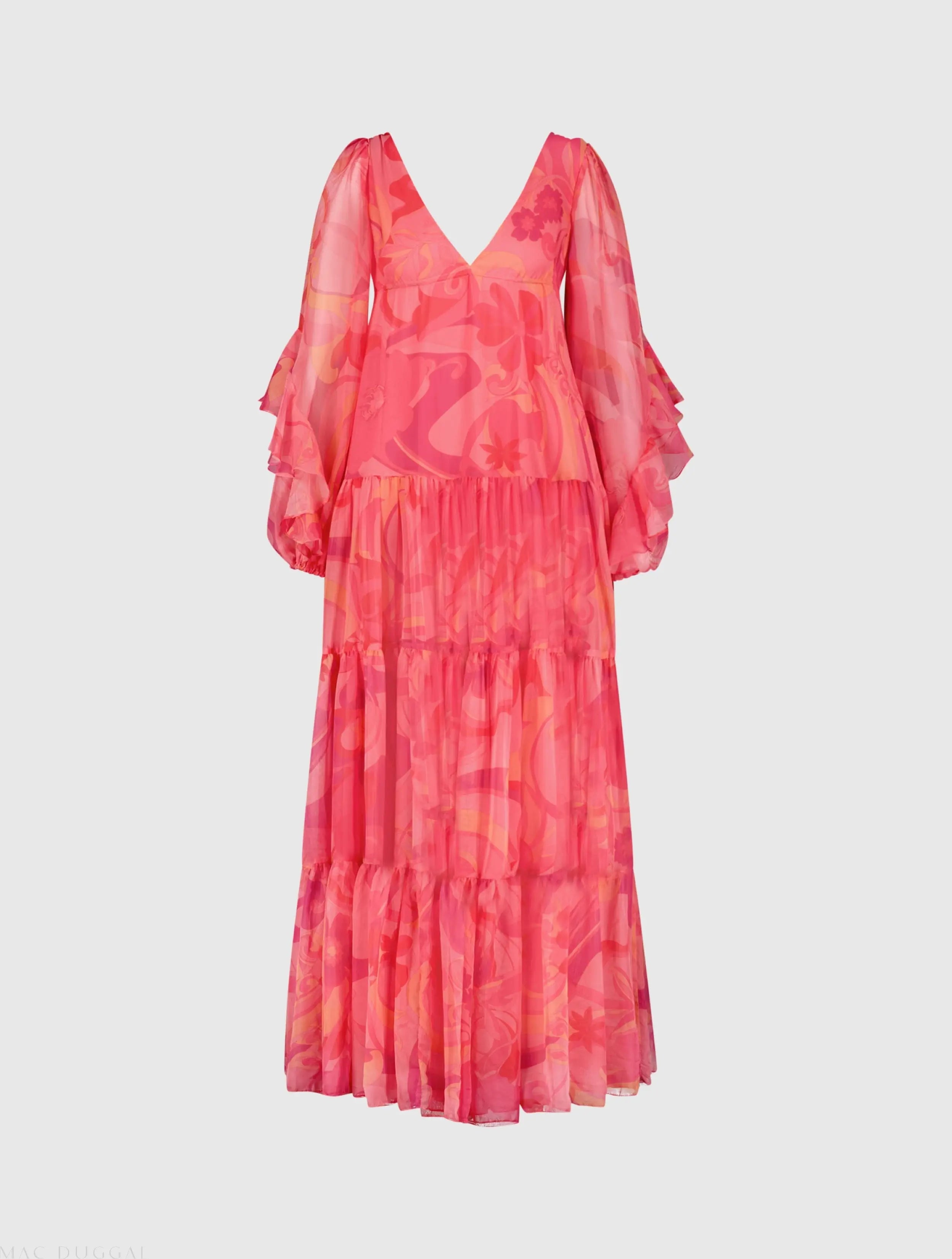 Hibiscus Printed Chiffon Ruffle Long Sleeve V Neck Maxi Dress