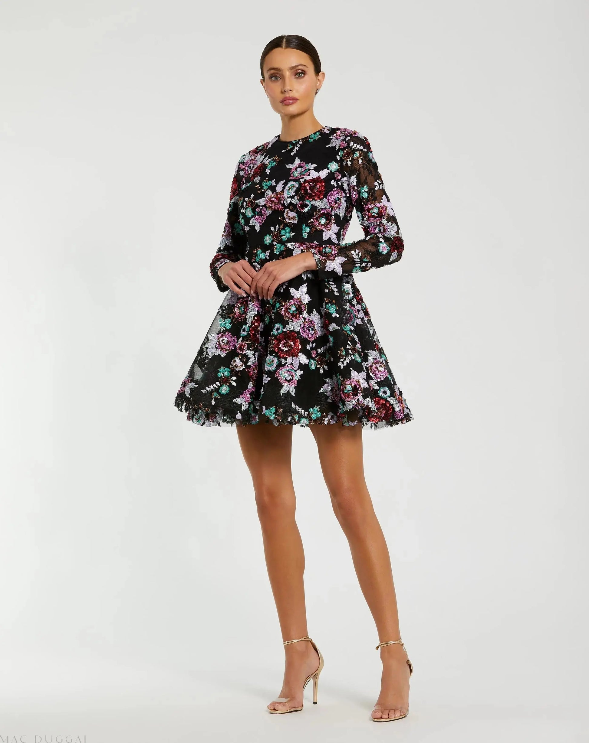 Black High Neck Long Sleeve Sequin A Line Mini Dress - Mac Duggal Black High Neck Long Sleeve Sequin A Line Mini Dress - Mac Duggal