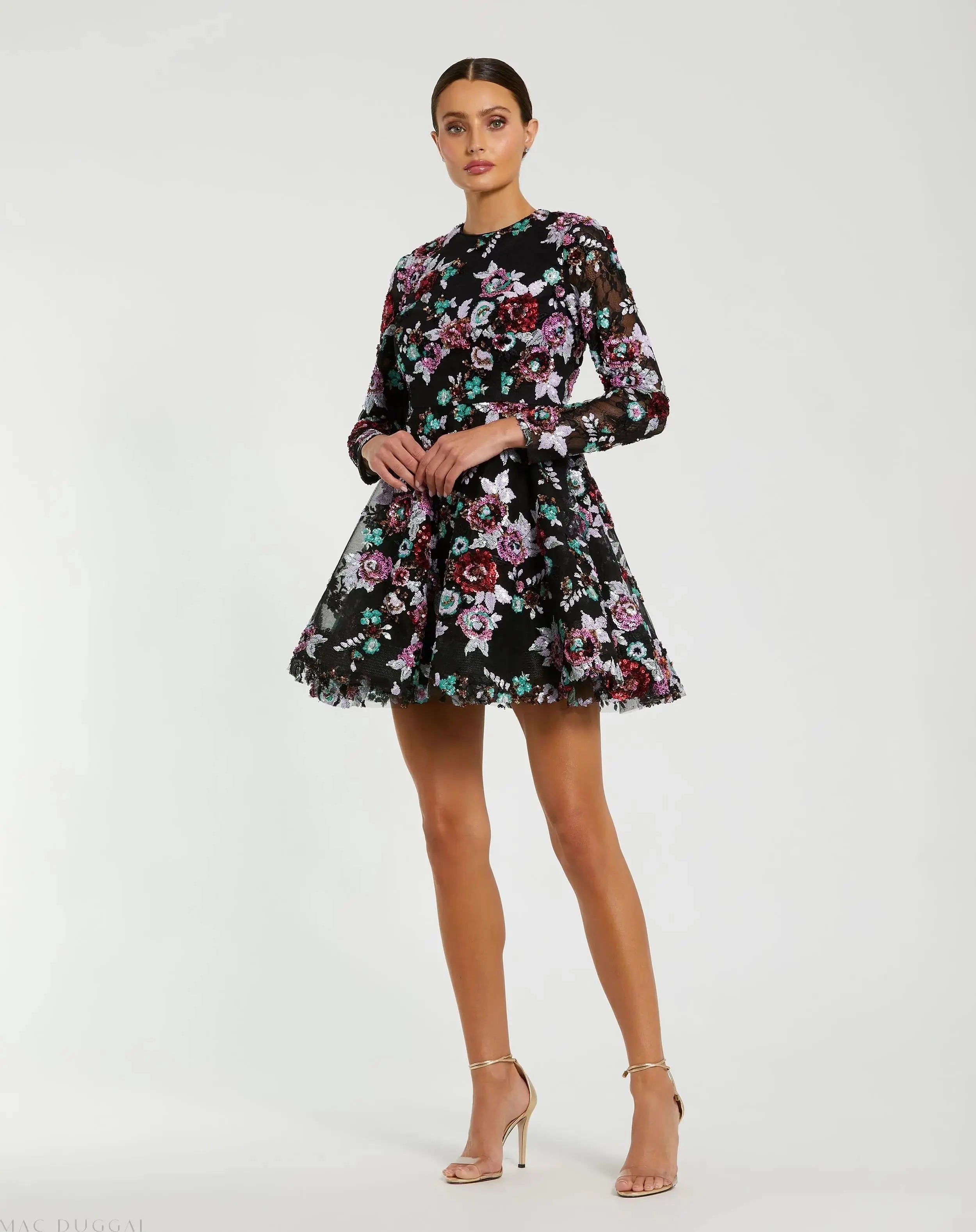 Black High Neck Long Sleeve Sequin A Line Mini Dress - Mac Duggal