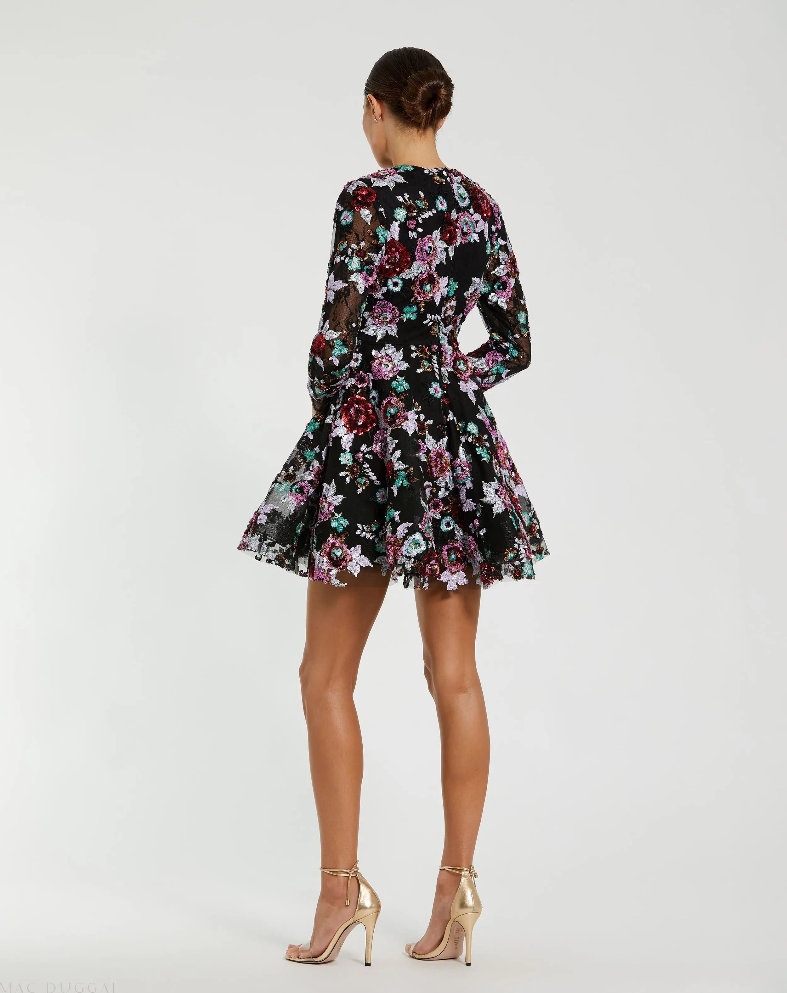 Black High Neck Long Sleeve Sequin A Line Mini Dress - Mac Duggal