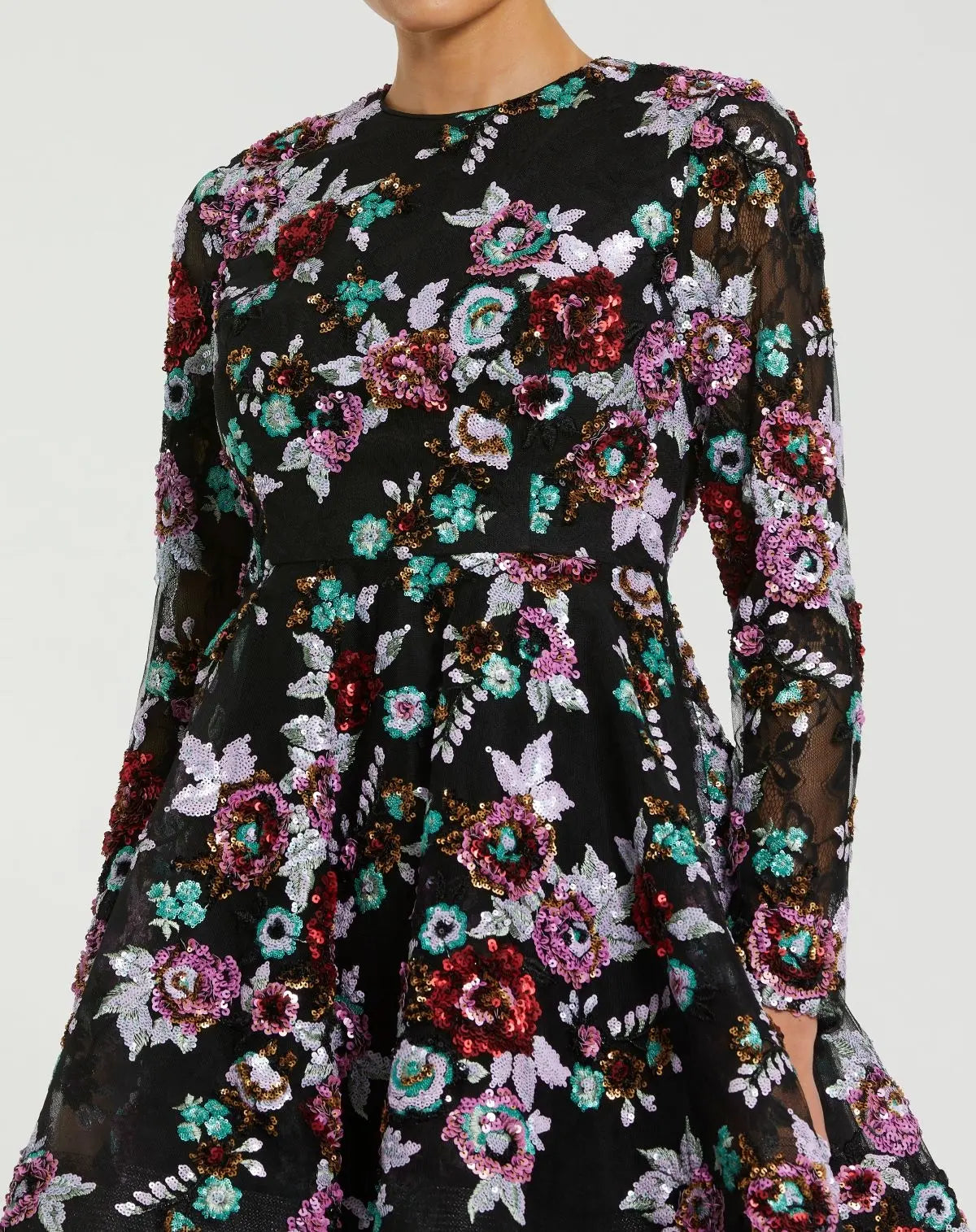 Black High Neck Long Sleeve Sequin A Line Mini Dress - Mac Duggal