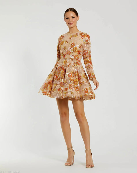 aline long sleeve mini dress High Neck Sequin A Line Material:90% Cotton 7% Linen 3% Spandex The Gabella Dress is Cream Long Sleeve Mesh withimage