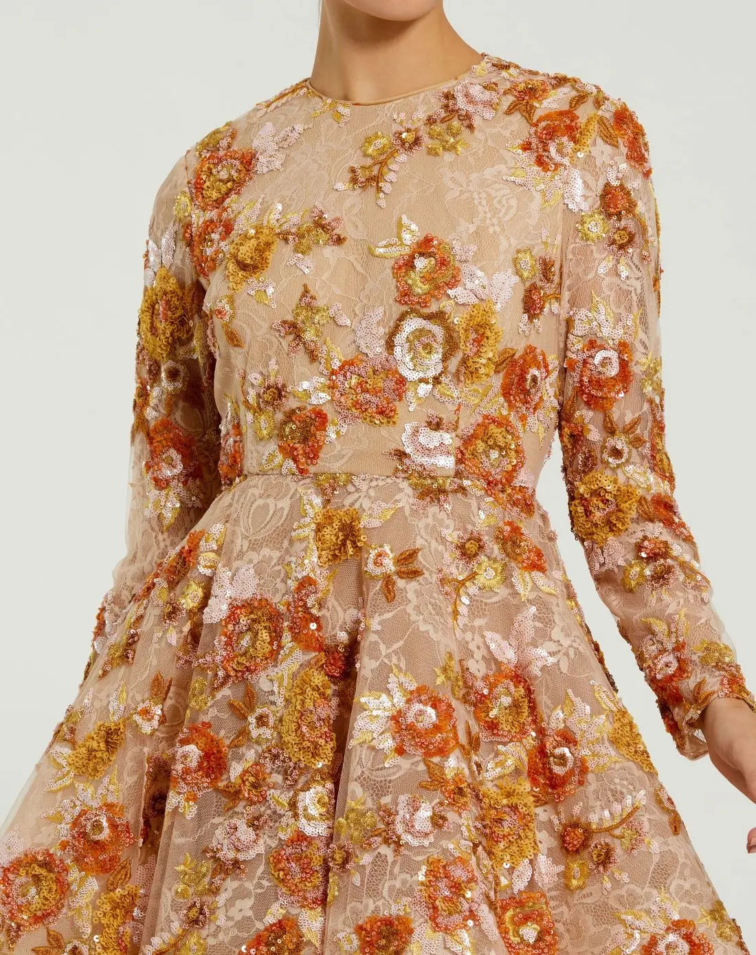 Beige High Neck Long Sleeve Sequin A Line Mini Dress - Mac Duggal