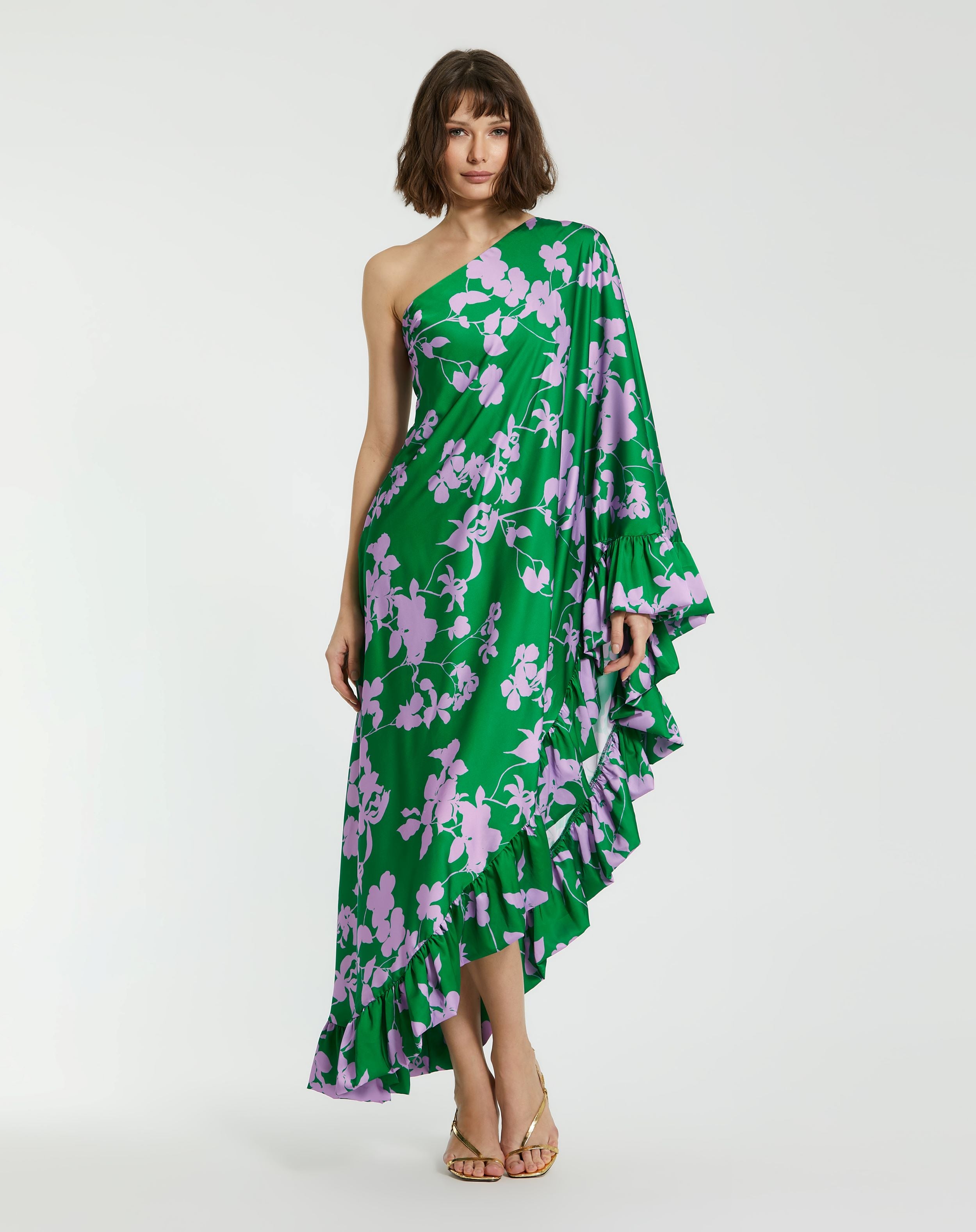 Printed Charmeuse One Shoulder Draped Gown